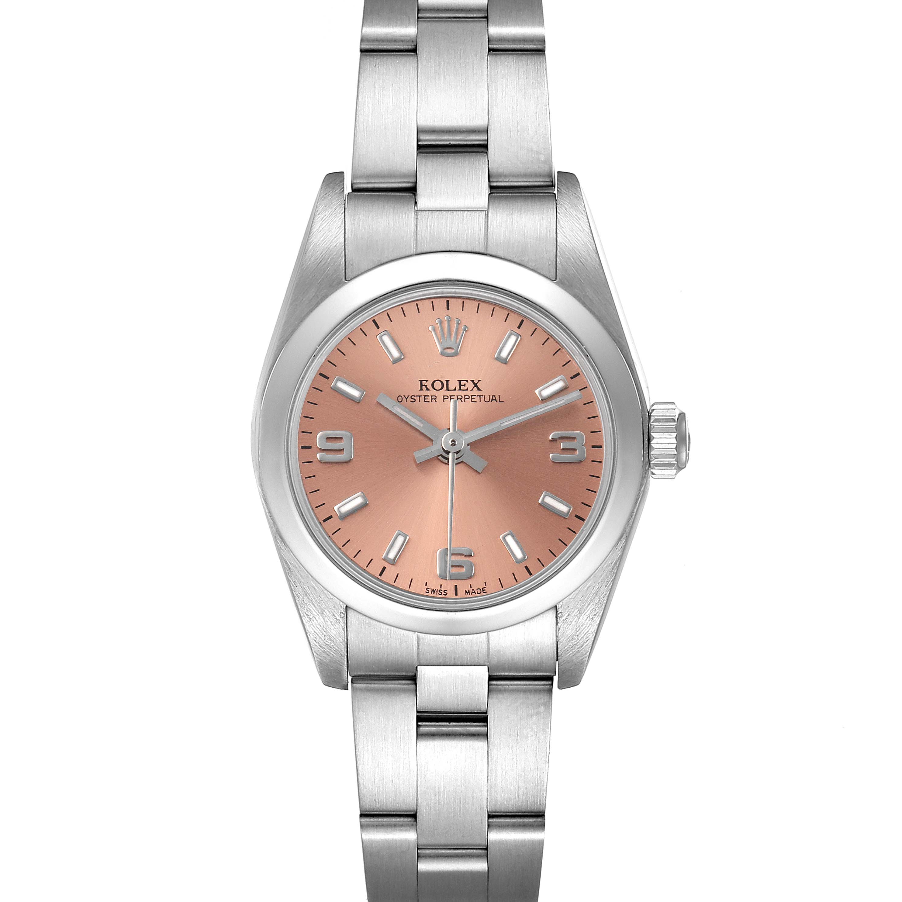 This image shows a front view of a Rolex Oyster Perpetual 76080 Women
s Stainless Steel Pink Dial 76080 Women
s Stainless Steel Pink Dial watch with a pink dial and a stainless steel bracelet.