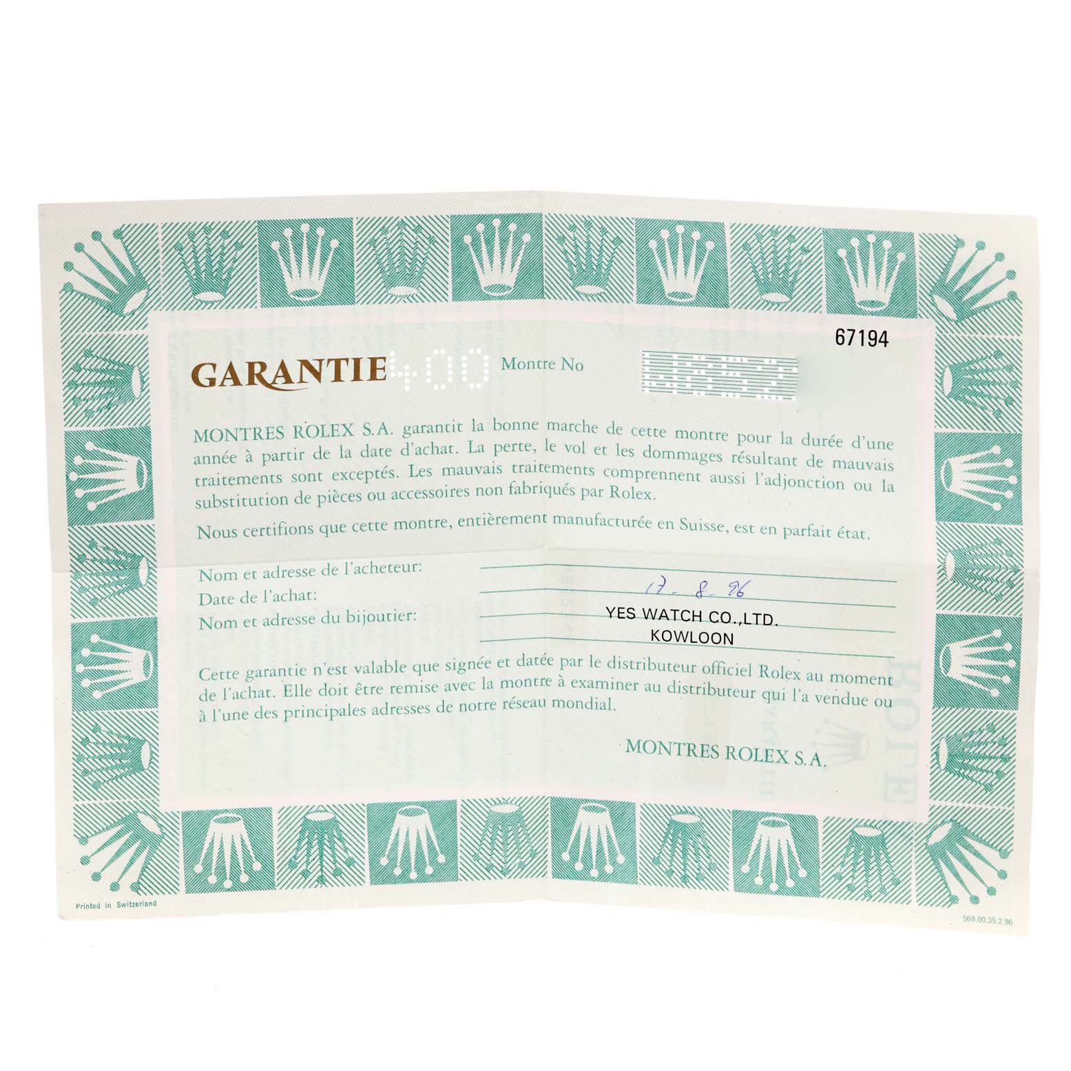 The image shows a warranty card for a Rolex Oyster Perpetual 67194 Women's Stainless Steel White Dial 67194 Women's Stainless Steel White Dial watch, viewed from a top-down angle.