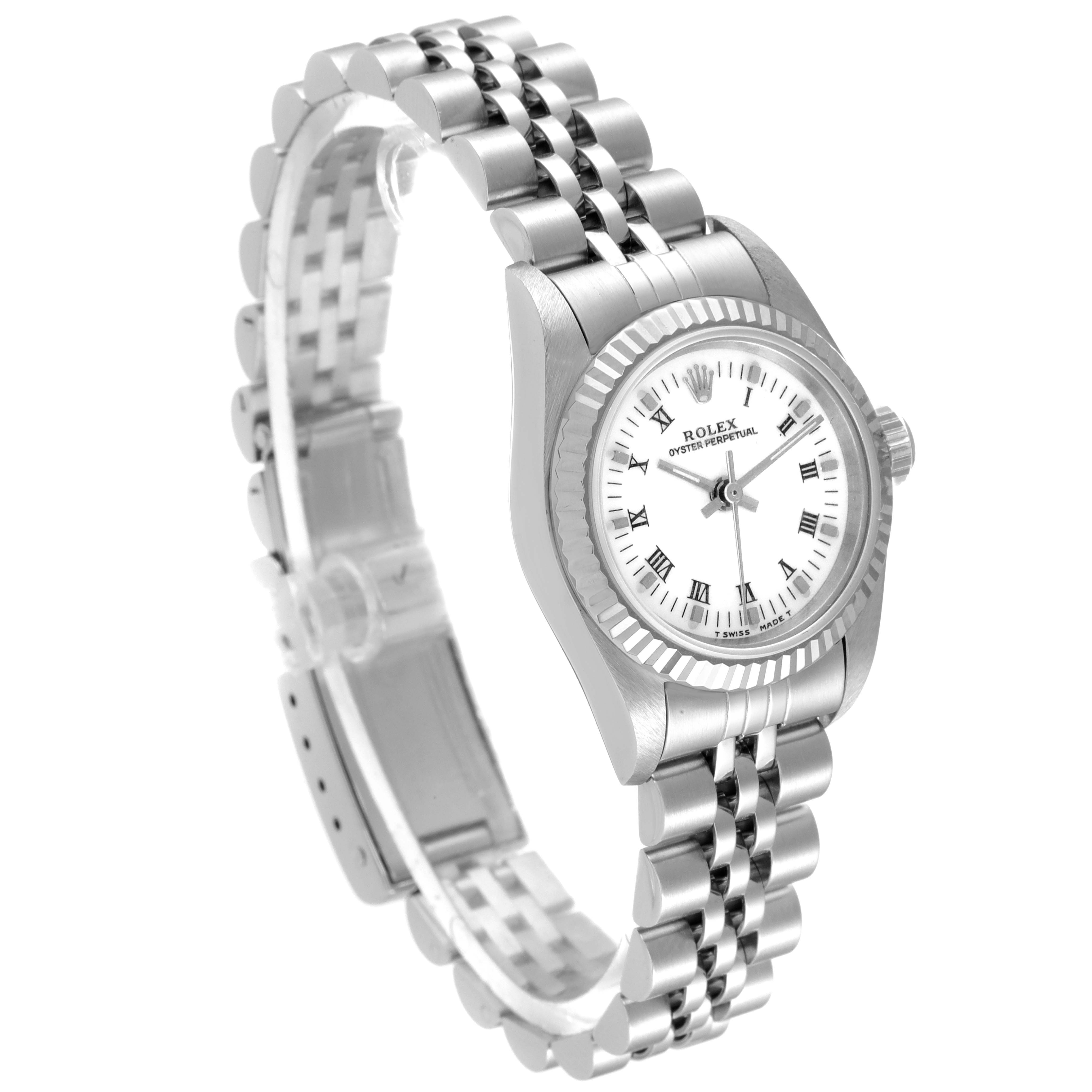 The image shows a Rolex Oyster Perpetual 67194 Women's Stainless Steel White Dial 67194 Women's Stainless Steel White Dial watch at a three-quarter angle, highlighting its face, bezel, and bracelet.