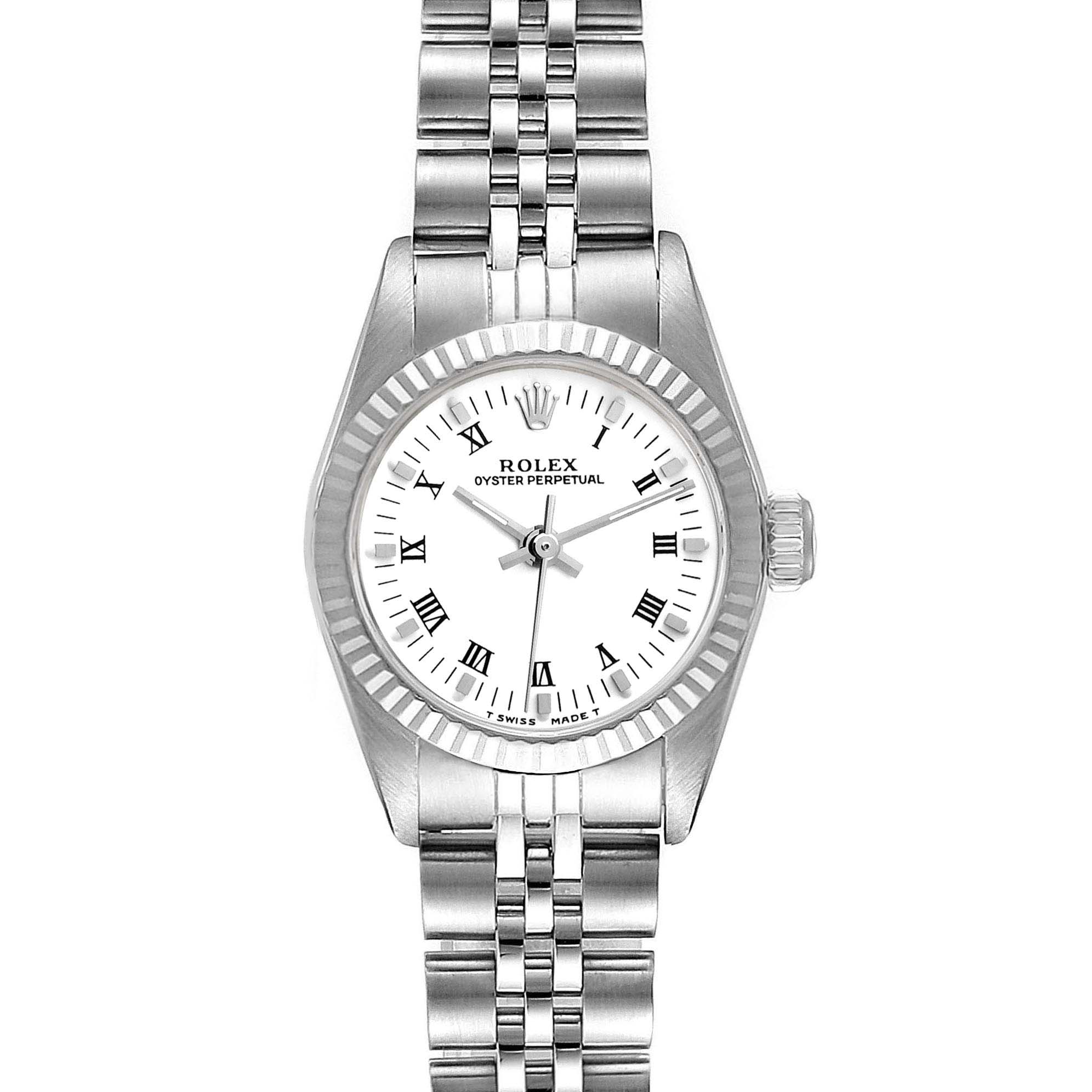 The image shows a frontal view of the Rolex Oyster Perpetual 67194 Women's Stainless Steel White Dial 67194 Women's Stainless Steel White Dial watch, displaying the face, bezel, and bracelet.