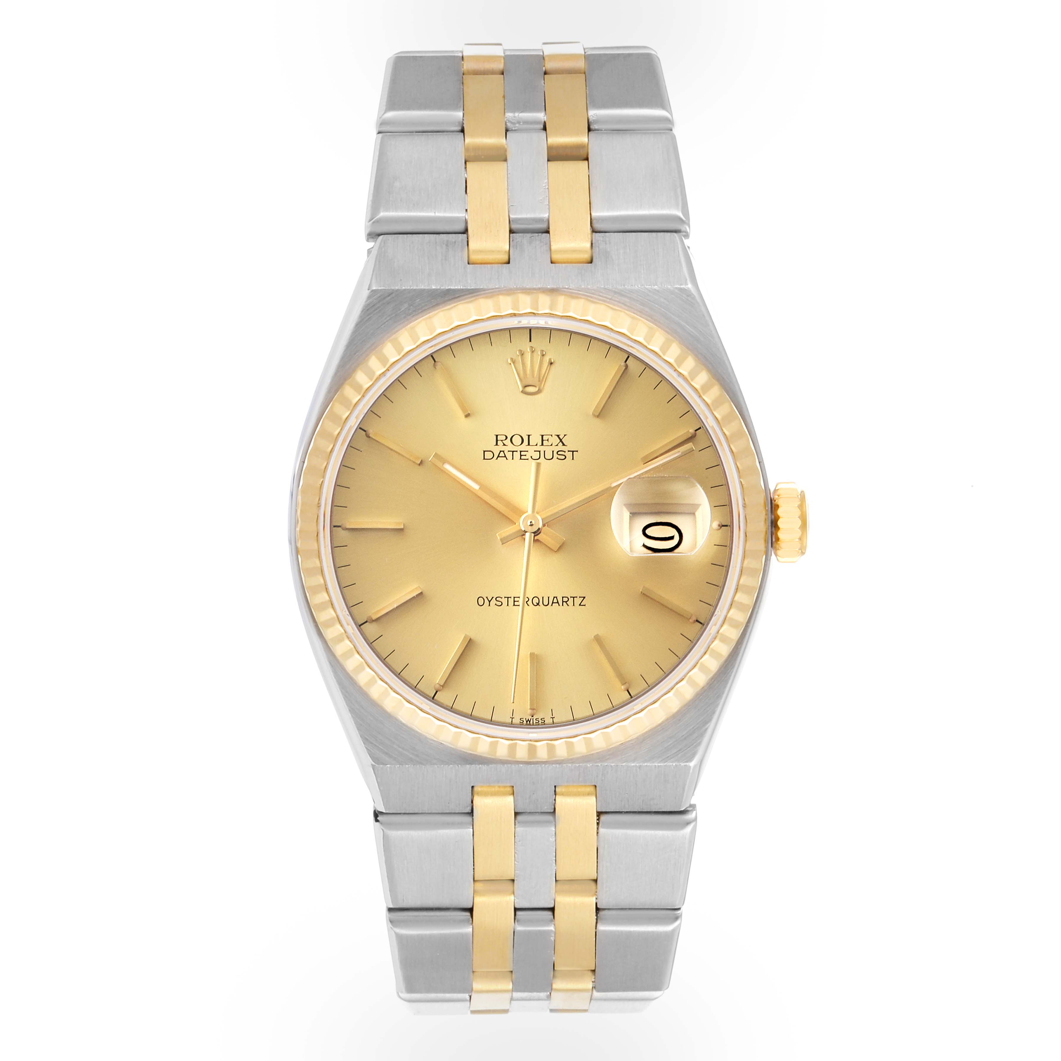 This Rolex Oysterquartz 17013 Men's Steel and Gold (two tone) Champagne Dial 17013 Men's Steel and Gold (two tone) Champagne Dial model watch is shown from a top-down angle, highlighting its gold dial, date display, two-tone bracelet, and fluted bezel.