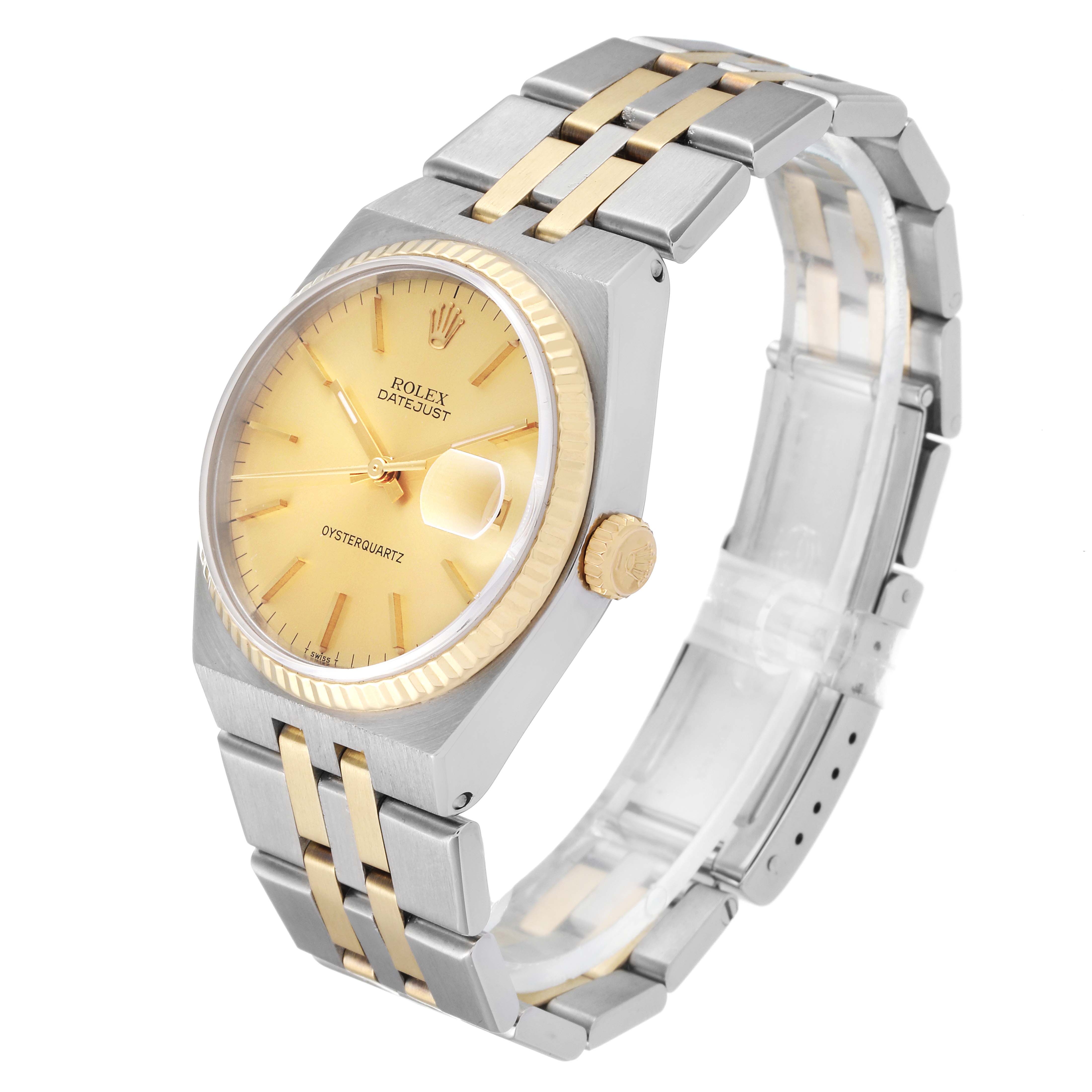 The Rolex Oysterquartz 17013 Men's Steel and Gold (two tone) Champagne Dial 17013 Men's Steel and Gold (two tone) Champagne Dial watch is shown at an angle displaying the face, crown, and full bracelet.