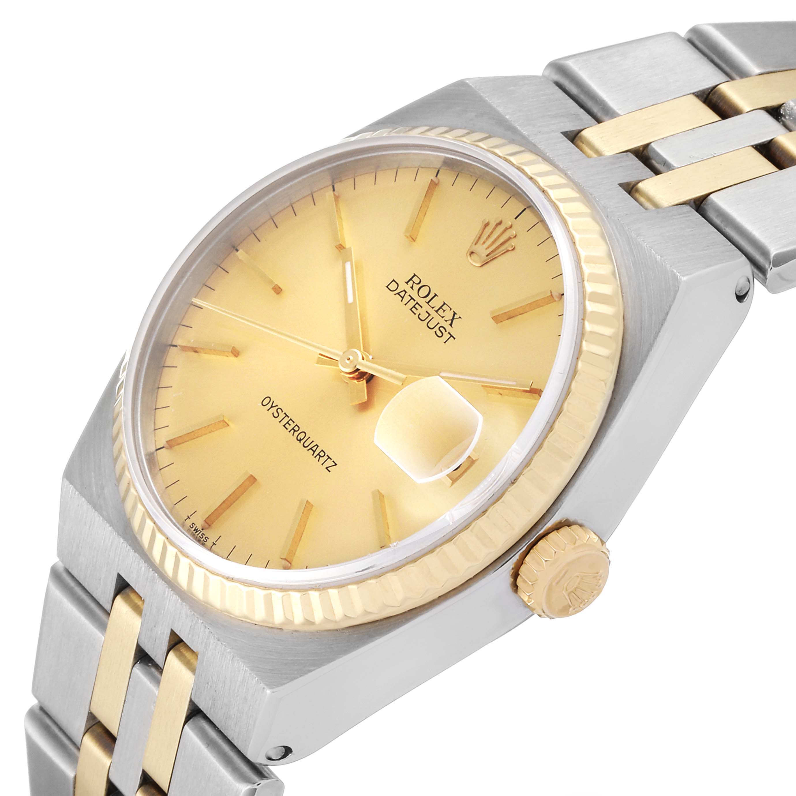 The Rolex Oysterquartz 17013 Men's Steel and Gold (two tone) Champagne Dial 17013 Men's Steel and Gold (two tone) Champagne Dial watch is shown at an angled view, highlighting the dial, bezel, crown, and bracelet.