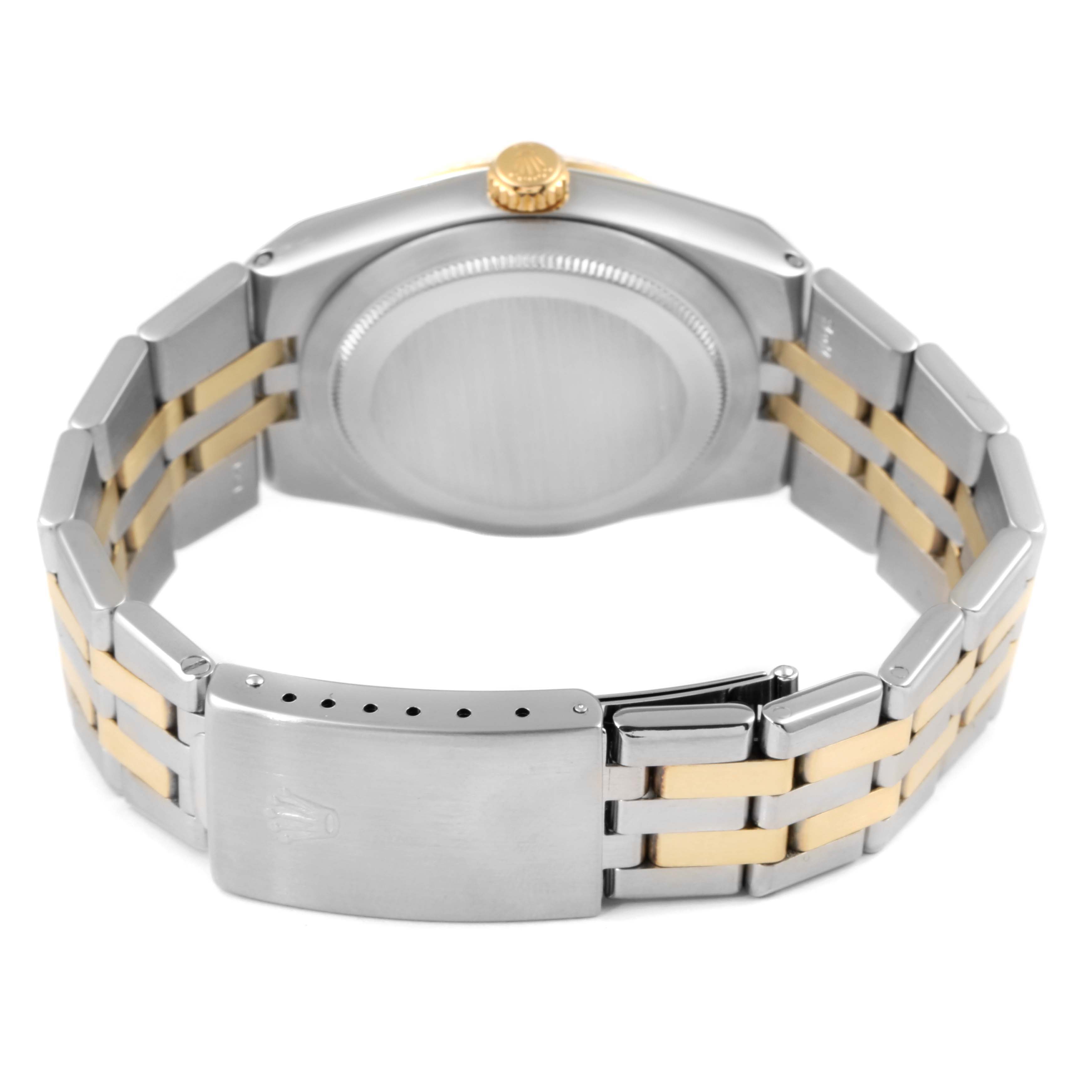 The image shows the back view of a Rolex Oysterquartz 17013 Men's Steel and Gold (two tone) Champagne Dial 17013 Men's Steel and Gold (two tone) Champagne Dial watch, highlighting the bracelet, clasp, and case back.
