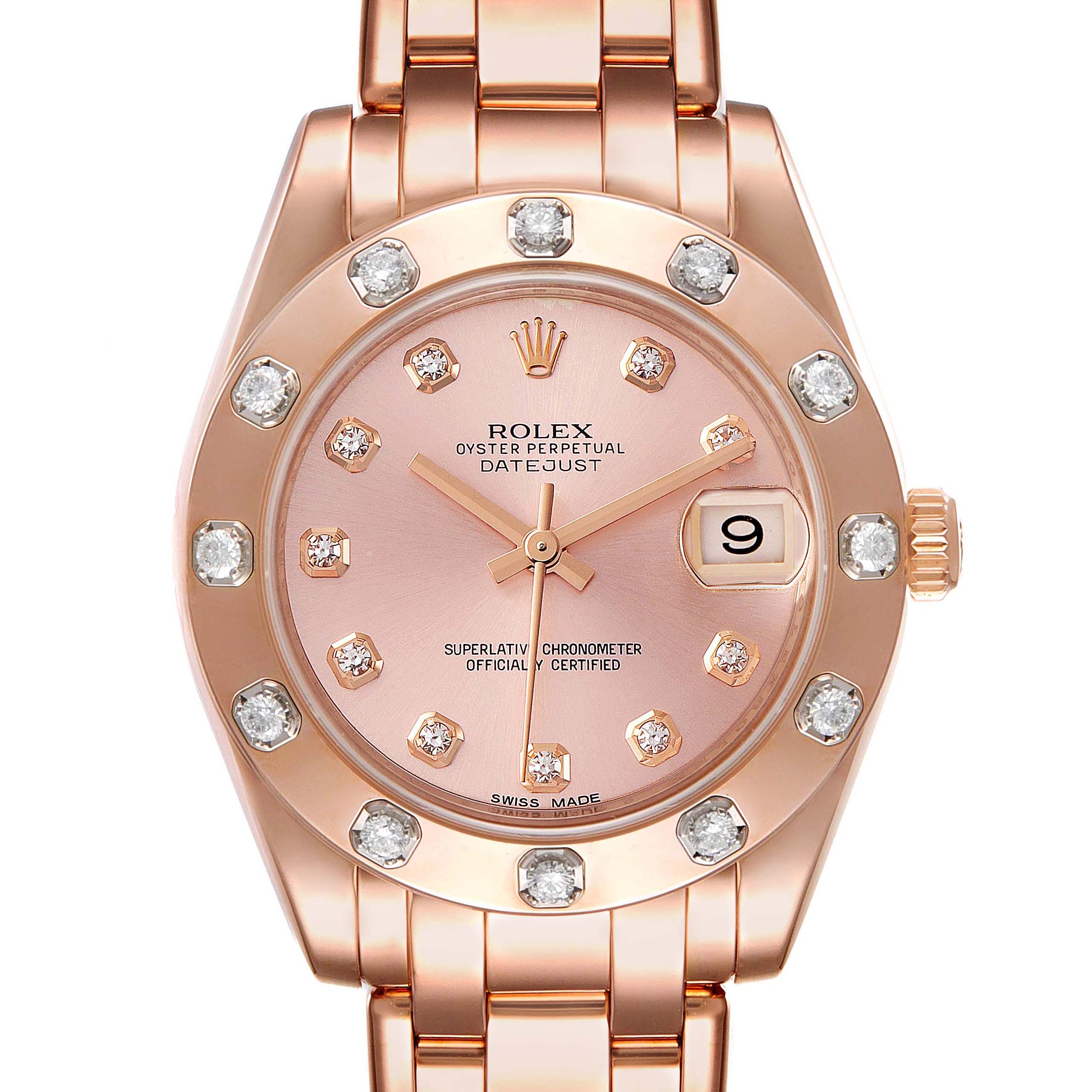 This image shows a front view of the Rolex Pearlmaster 81315 Women
s Rose Gold Pink Dial 81315 Women
s Rose Gold Pink Dial watch, highlighting its rose gold finish, diamond bezel, and dial.
