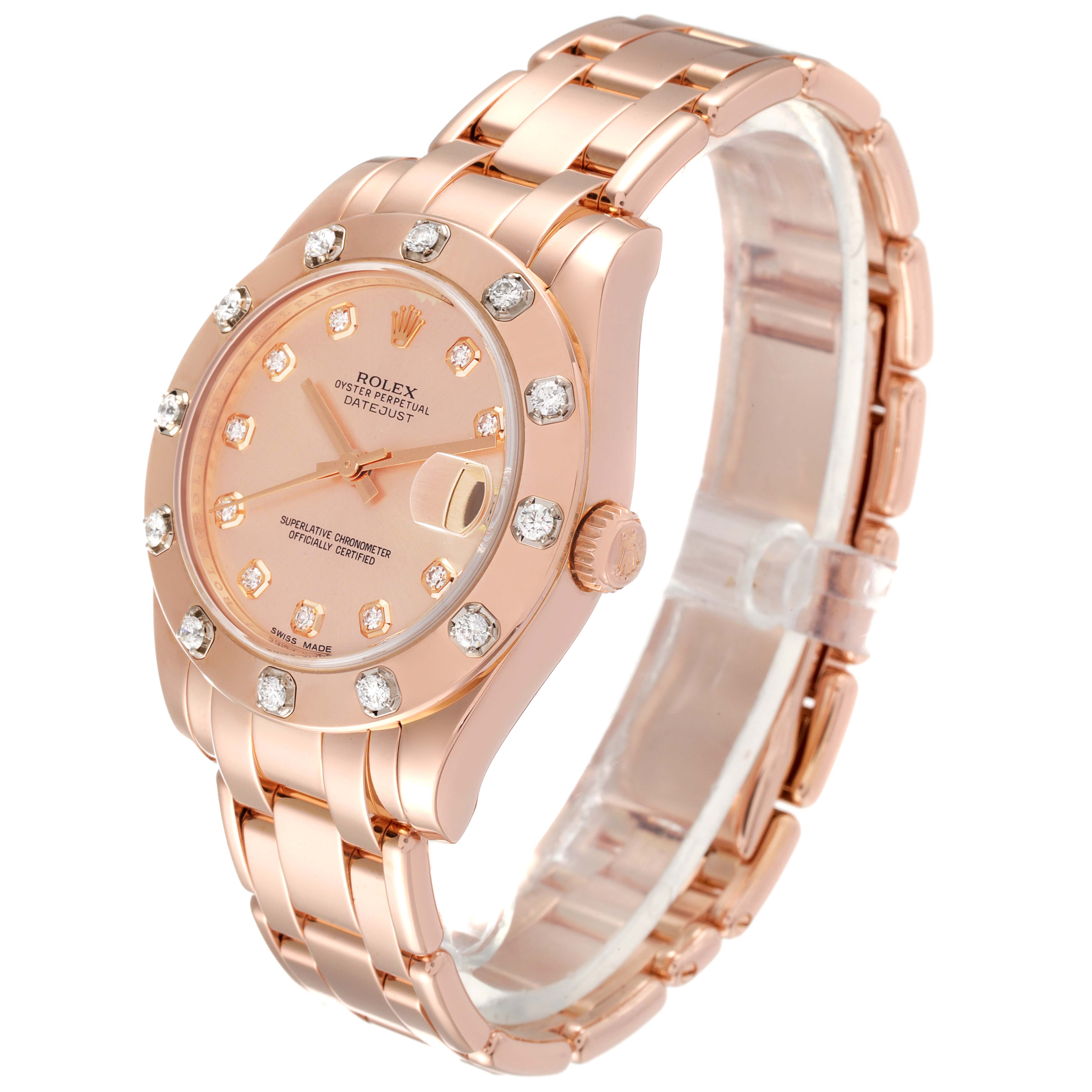 The Rolex Pearlmaster 81315 Women
s Rose Gold Pink Dial 81315 Women
s Rose Gold Pink Dial watch is shown from a slight angled side view, displaying its face, bezel, and bracelet.