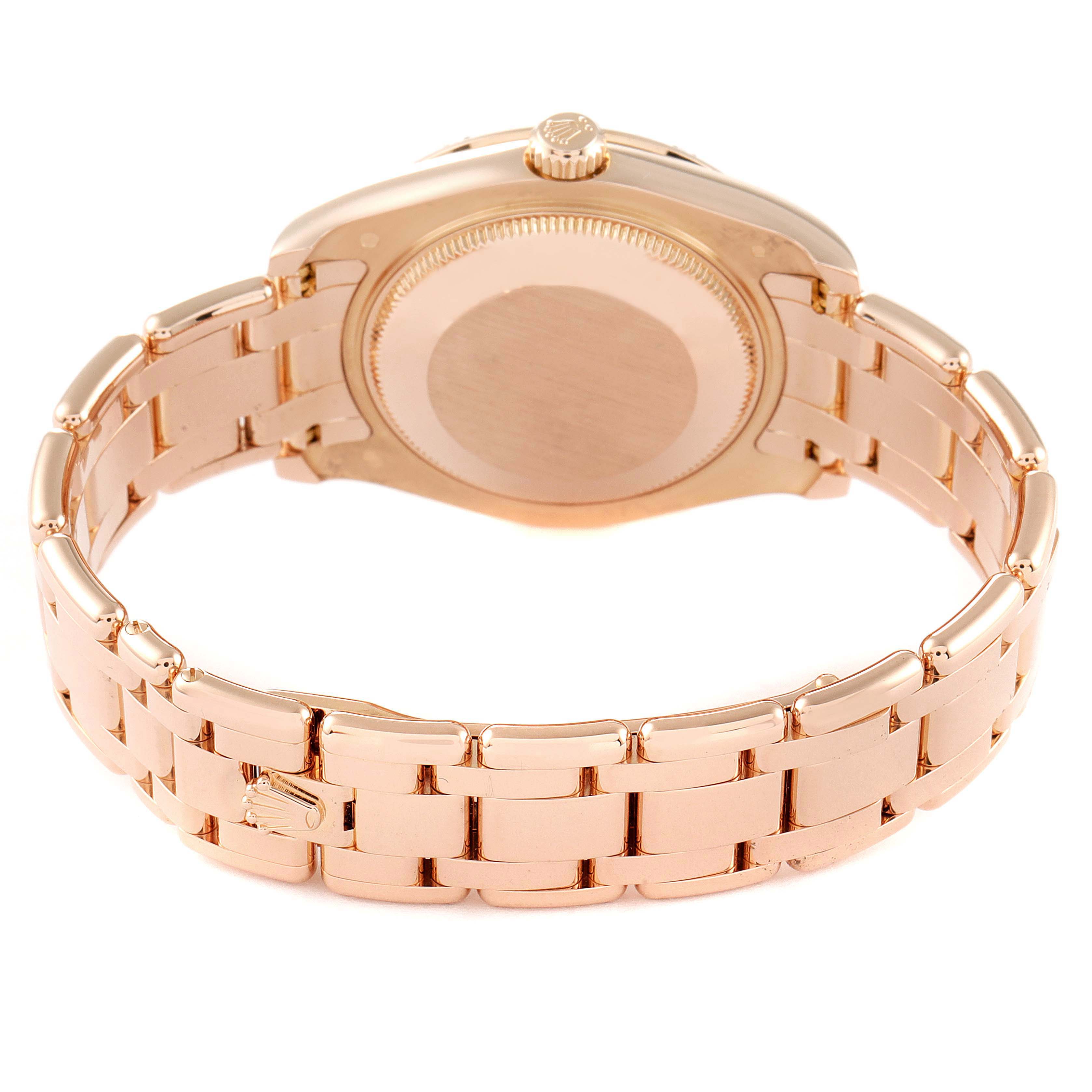The image shows the back view of a Rolex Pearlmaster 81315 Women
s Rose Gold Pink Dial 81315 Women
s Rose Gold Pink Dial watch, highlighting the case back and the bracelet.