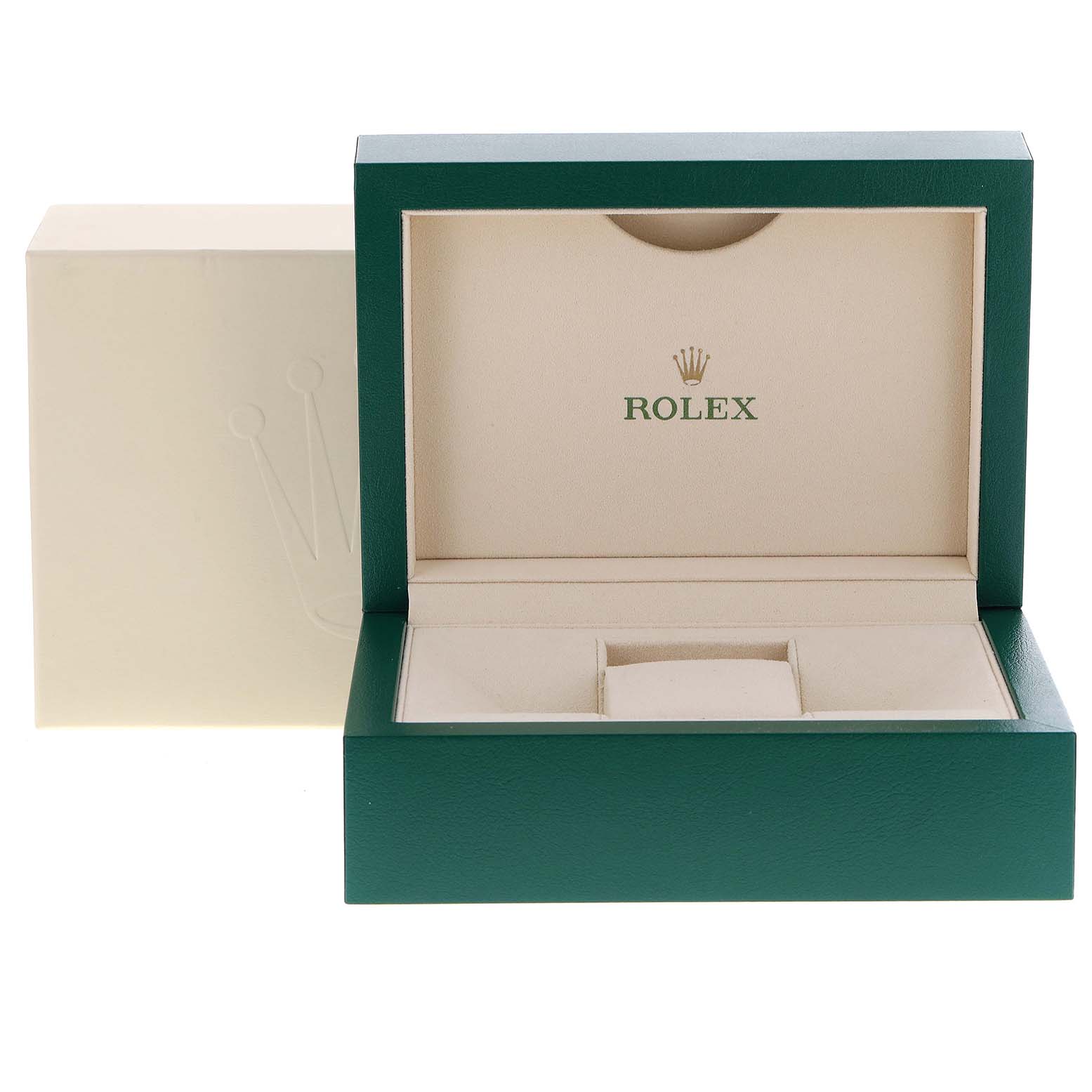 The image shows an open Rolex branded box for the Pearlmaster model, angled to display its inner compartments and exterior.
