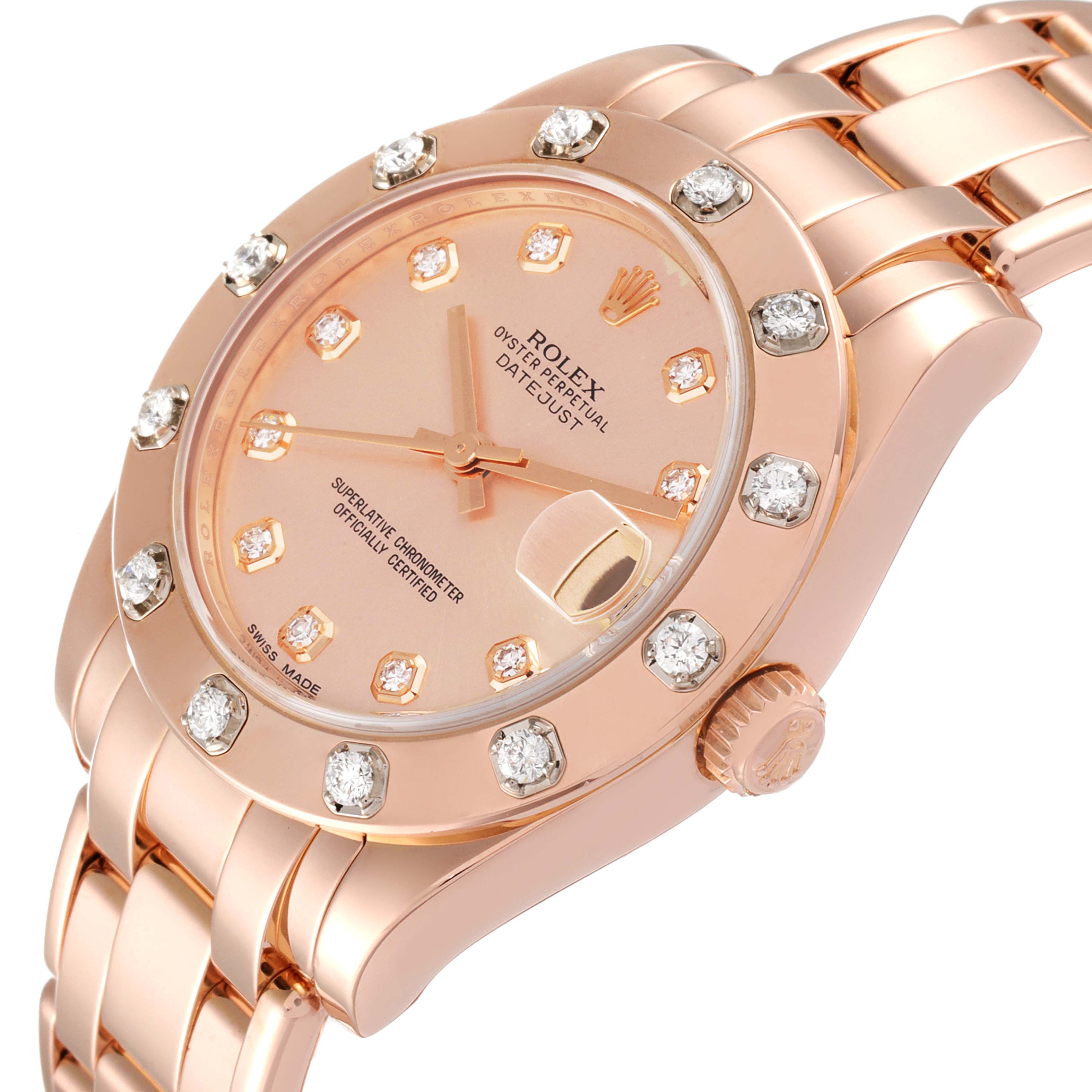 The image shows a close-up angle of the Rolex Pearlmaster 81315 Women
s Rose Gold Pink Dial 81315 Women
s Rose Gold Pink Dial watch, highlighting the diamond-studded bezel and pink dial.