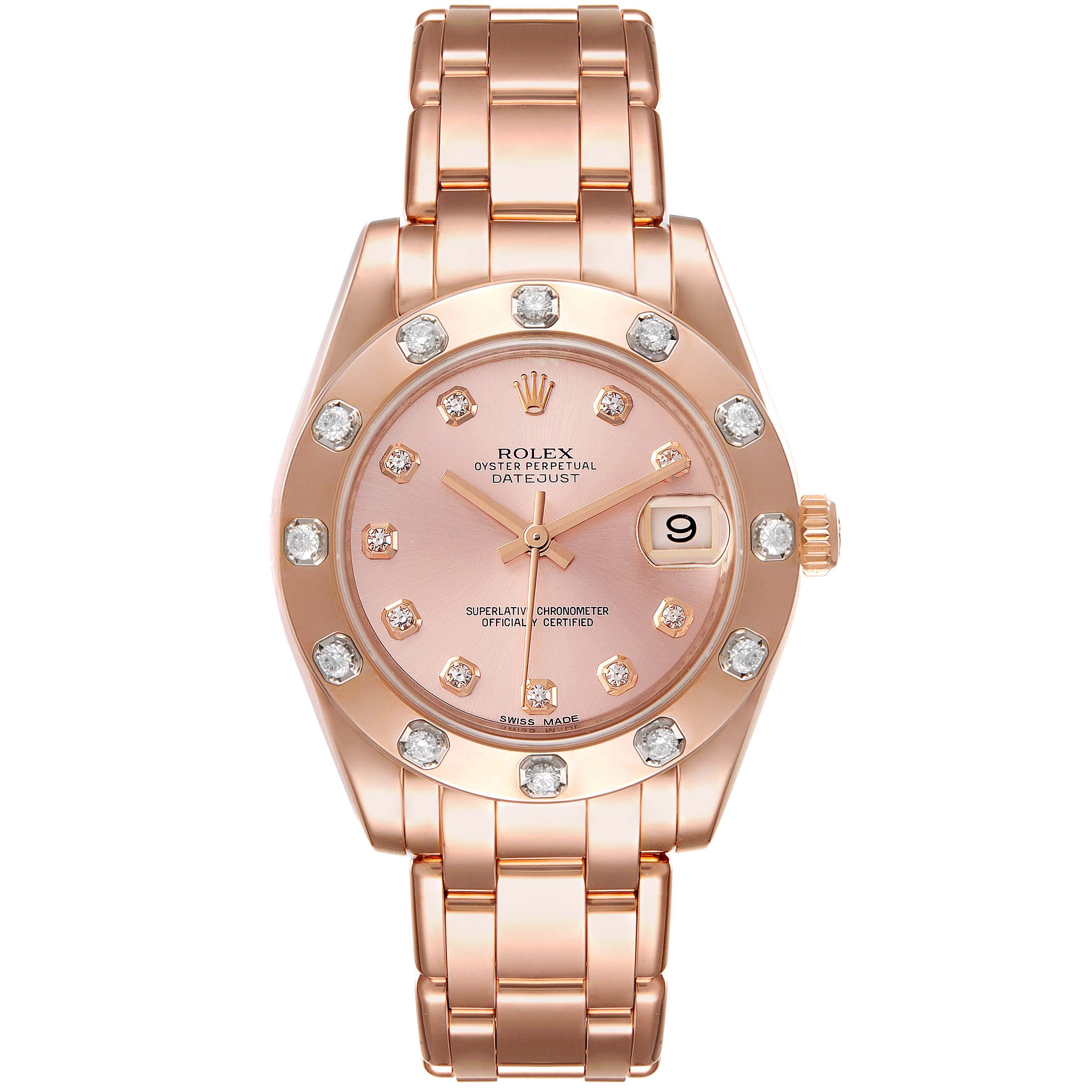 The image shows a front view of the Rolex Pearlmaster 81315 Women
s Rose Gold Pink Dial 81315 Women
s Rose Gold Pink Dial watch, highlighting its dial, bracelet, bezel, and crown.