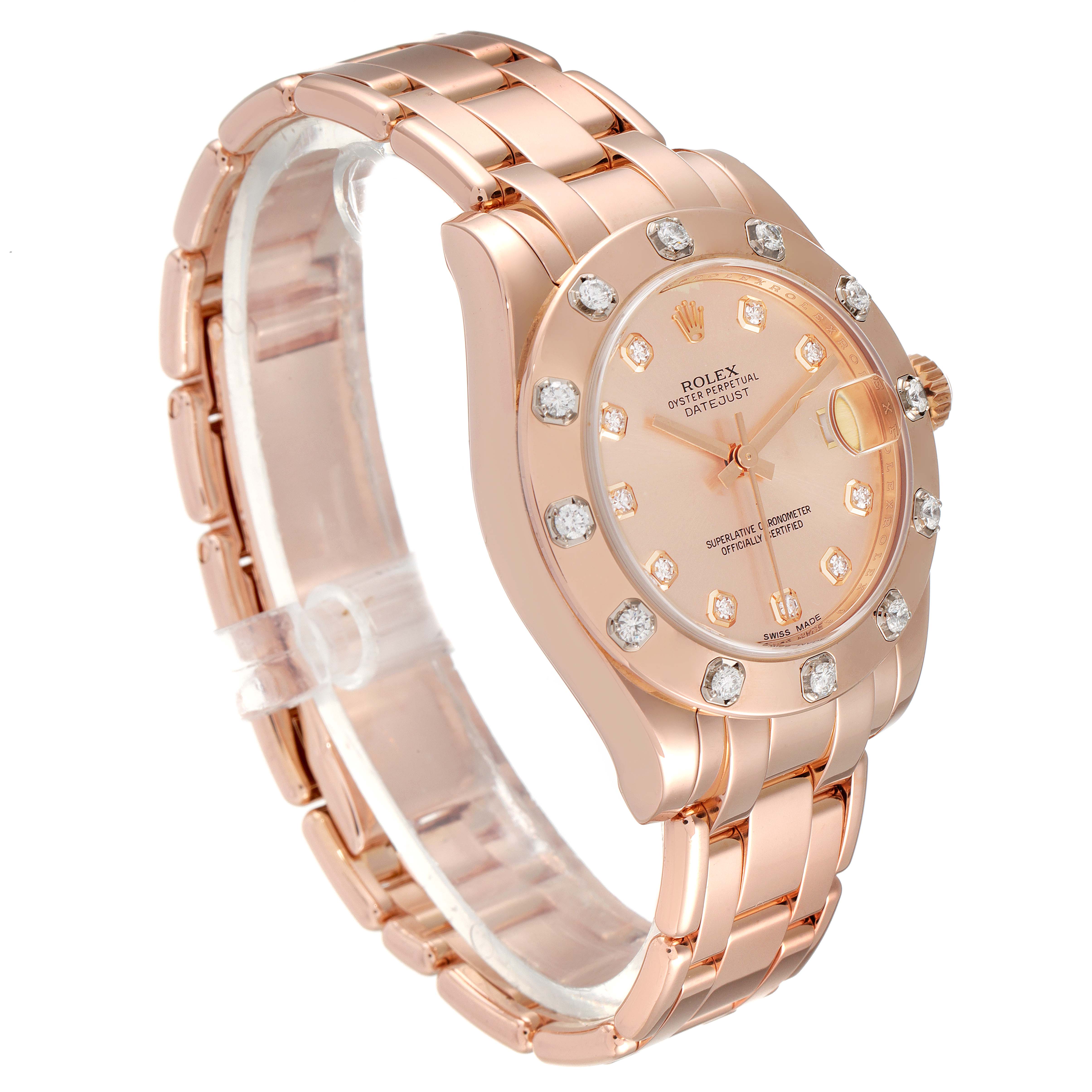 The image shows a Rolex Pearlmaster 81315 Women
s Rose Gold Pink Dial 81315 Women
s Rose Gold Pink Dial watch angled to display the face, bezel, and bracelet.