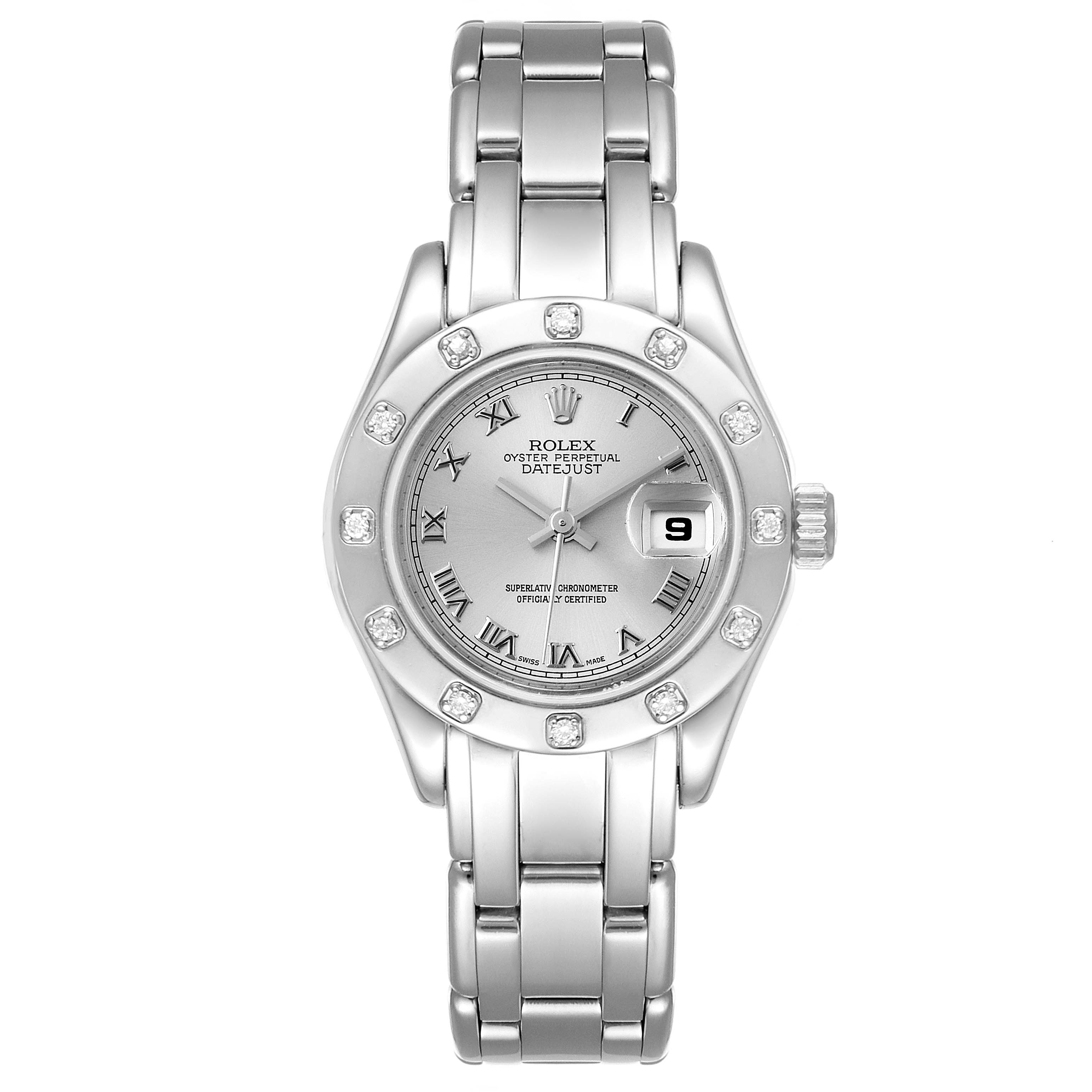 The Rolex Pearlmaster 69319 Women's White Gold Silver Dial 69319 Women's White Gold Silver Dial watch is shown from a top-down angle, displaying its face, bezel, and bracelet.