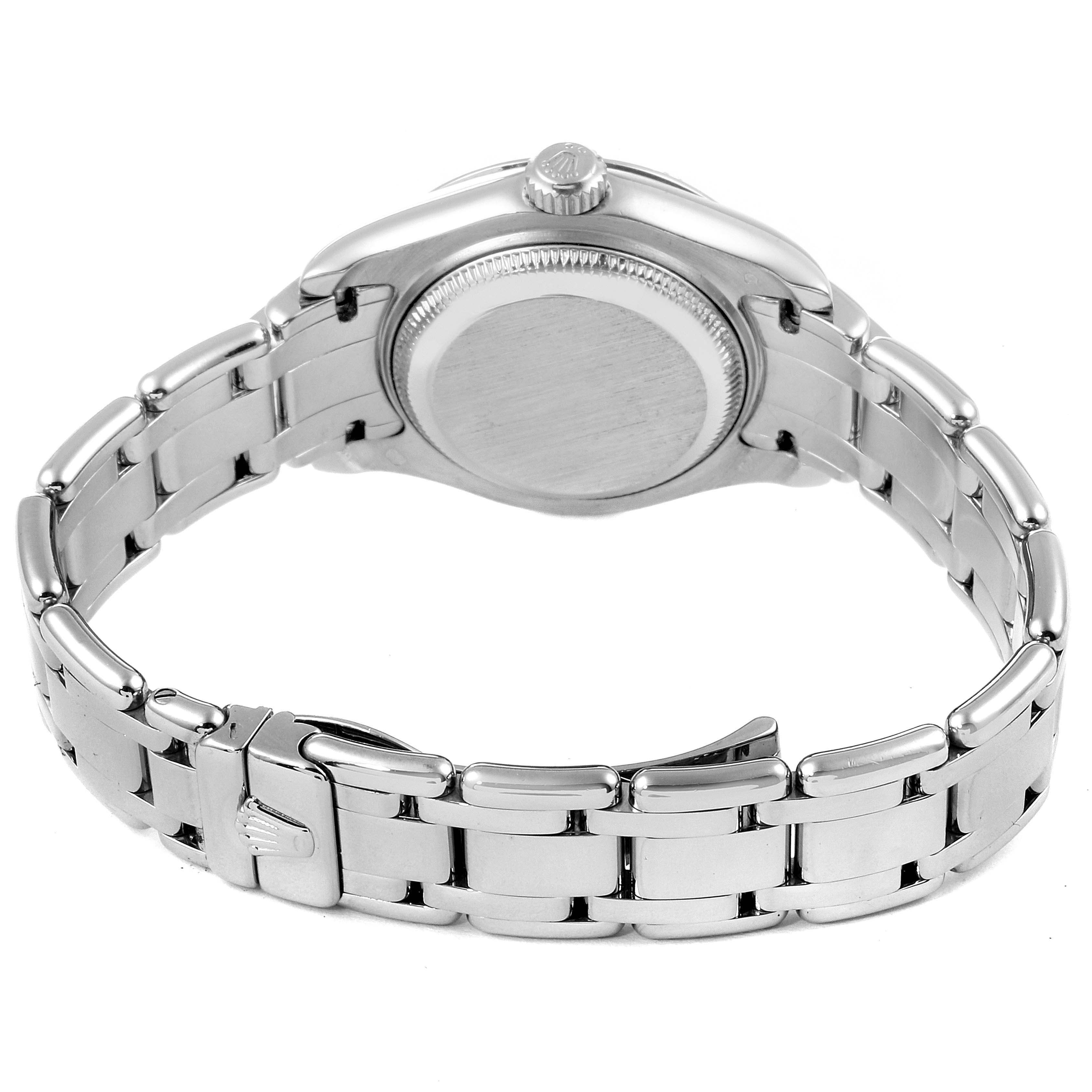 The image shows the back and side view of the case and bracelet of a Rolex Pearlmaster 69319 Women's White Gold Silver Dial 69319 Women's White Gold Silver Dial watch.