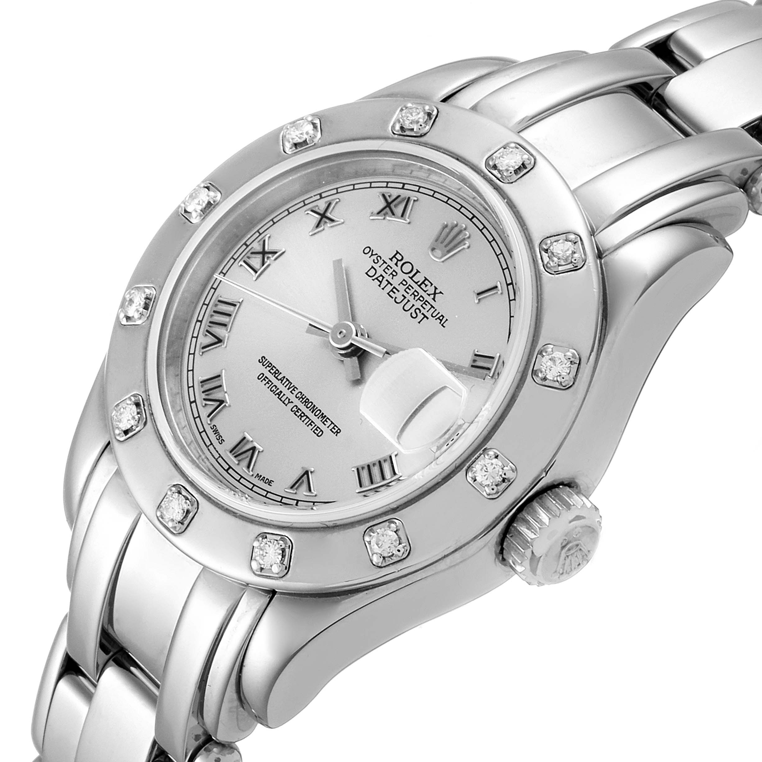The image shows a close-up angled view of the Rolex Pearlmaster 69319 Women's White Gold Silver Dial 69319 Women's White Gold Silver Dial watch, highlighting the bezel, dial, and part of the bracelet.