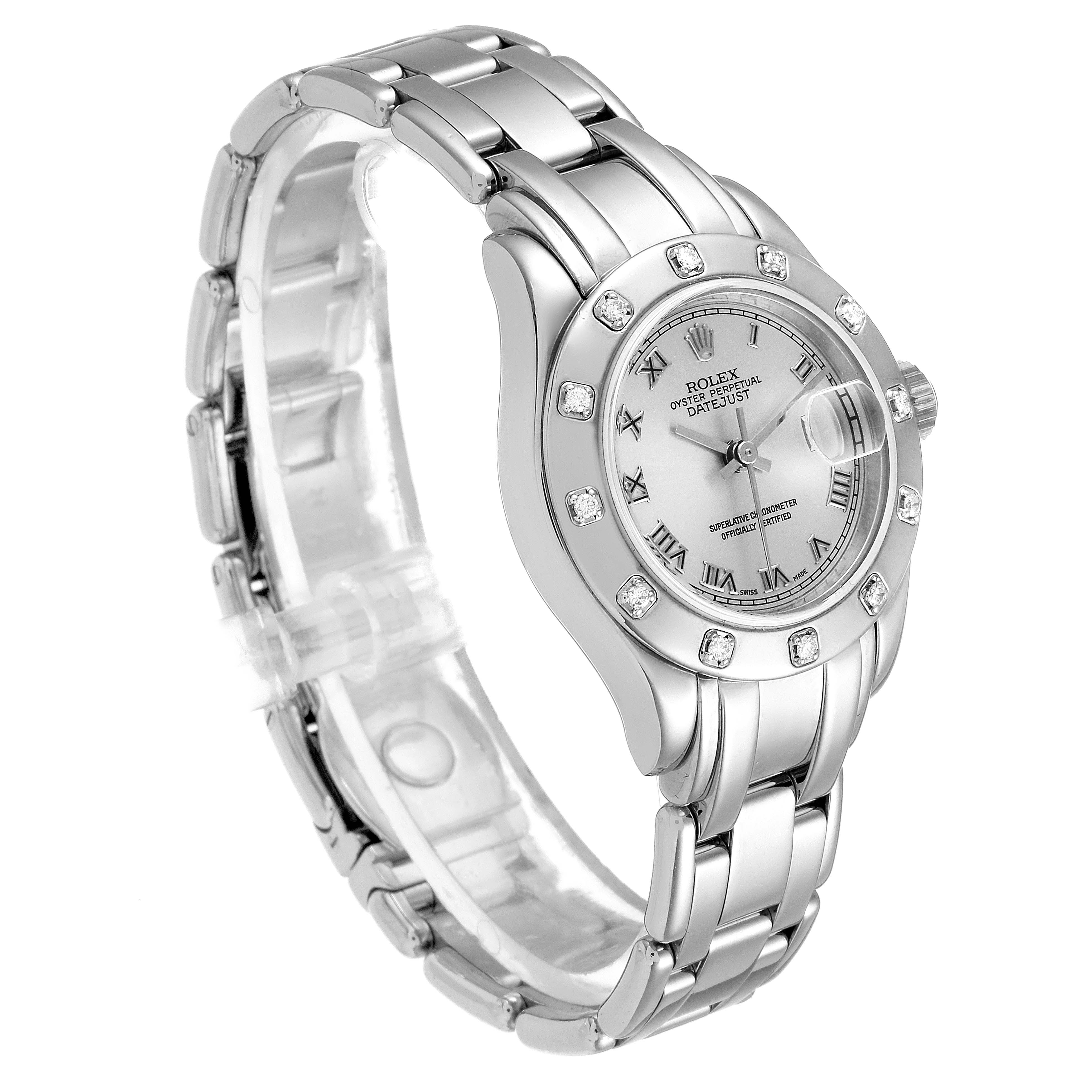 The image shows a Rolex Pearlmaster 69319 Women's White Gold Silver Dial 69319 Women's White Gold Silver Dial watch from a front-left angle, highlighting its bracelet, bezel, and dial.