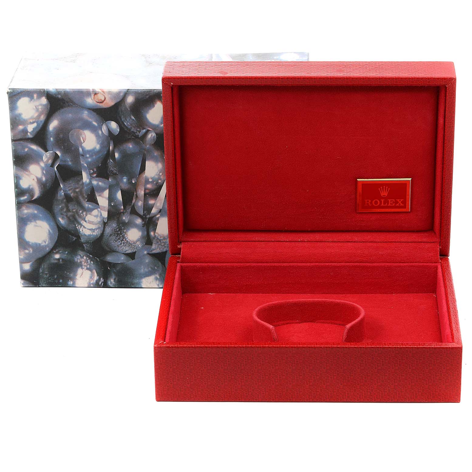 This image shows the open red box and outer case of a Rolex Pearlmaster 69319 Women's White Gold Silver Dial 69319 Women's White Gold Silver Dial watch from a front angle.