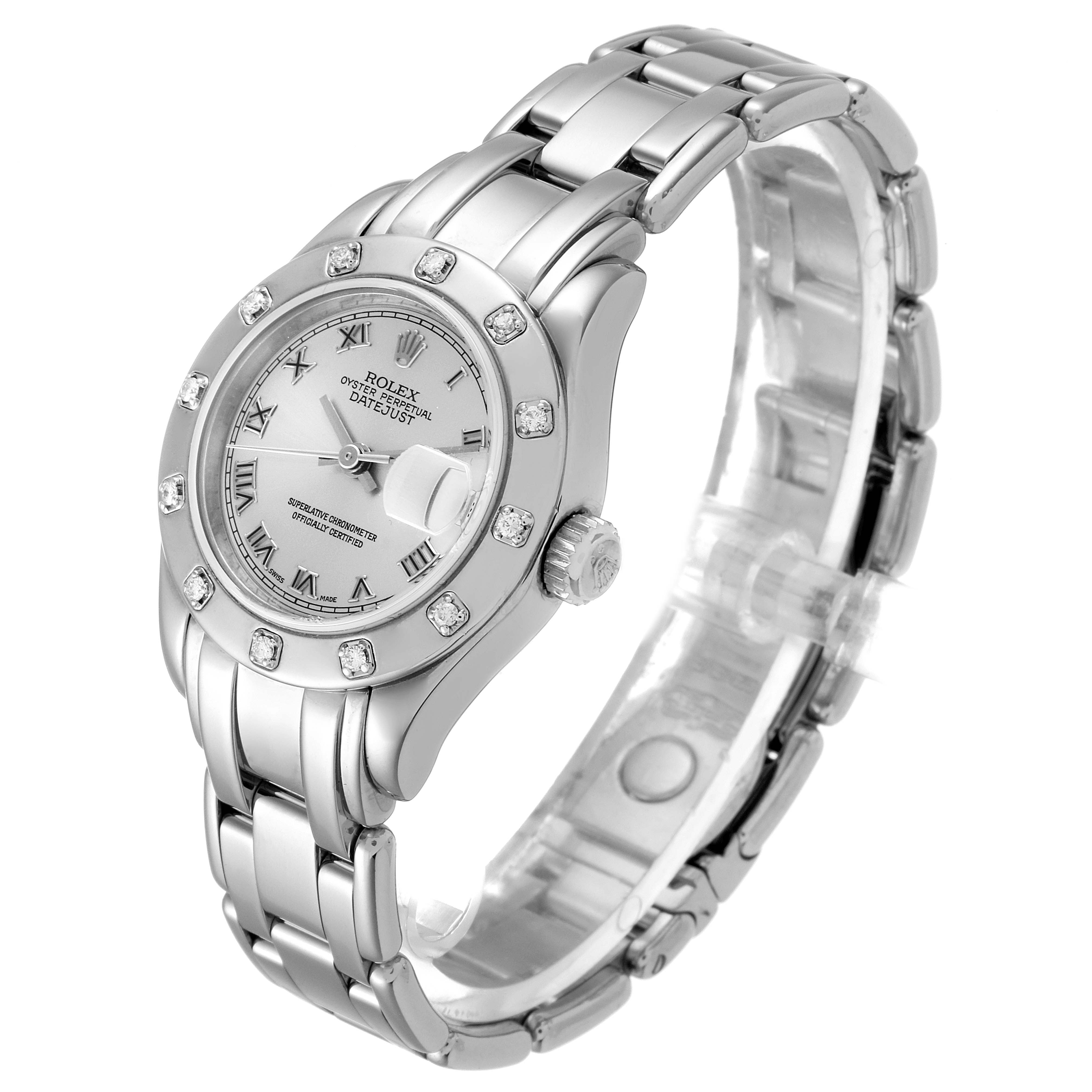 This image shows a Rolex Pearlmaster 69319 Women's White Gold Silver Dial 69319 Women's White Gold Silver Dial watch at an angled view highlighting the face, bezel, bracelet, and crown.