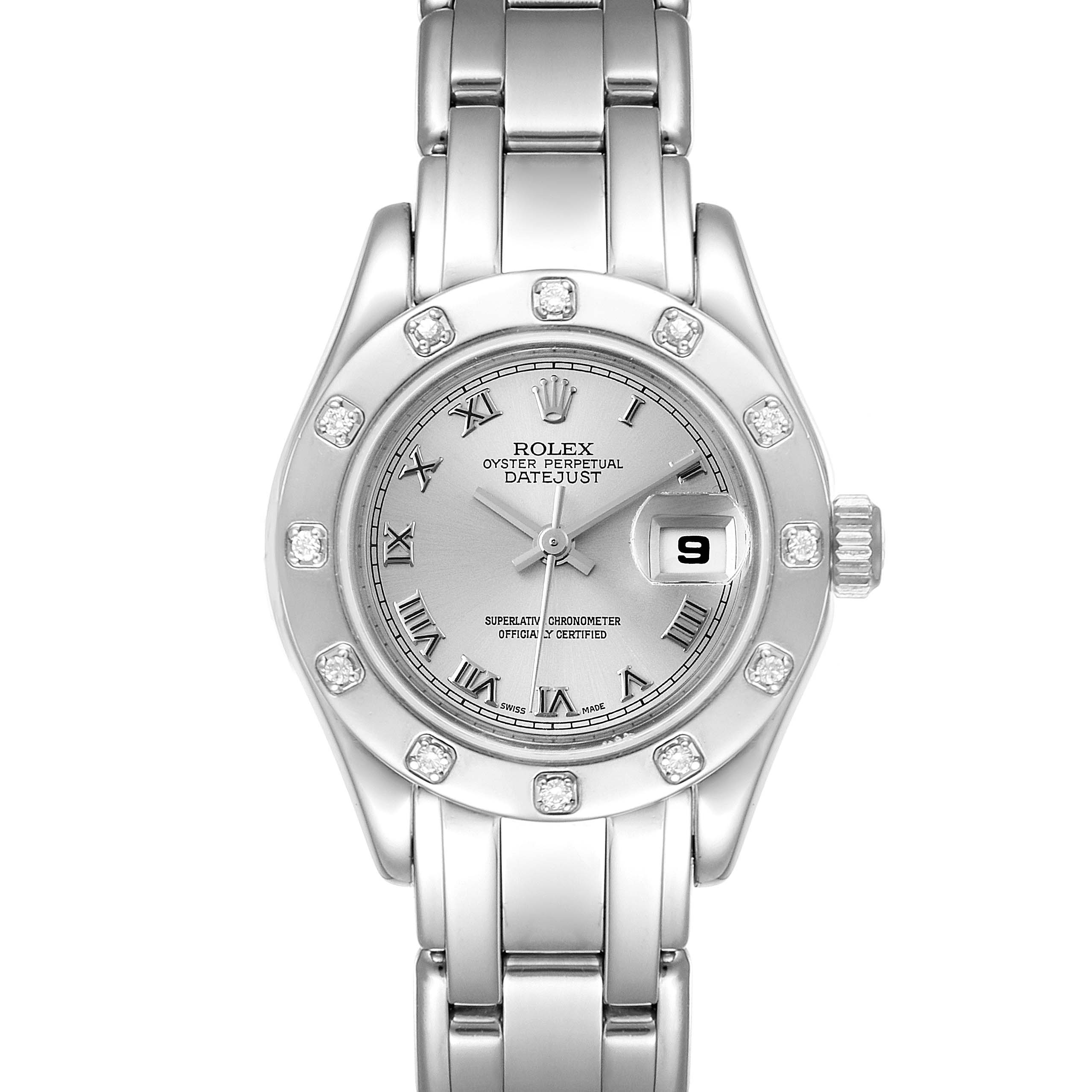 The Rolex Pearlmaster 69319 Women's White Gold Silver Dial 69319 Women's White Gold Silver Dial watch is shown from a top-down angle, displaying the face, bezel, and part of the bracelet.