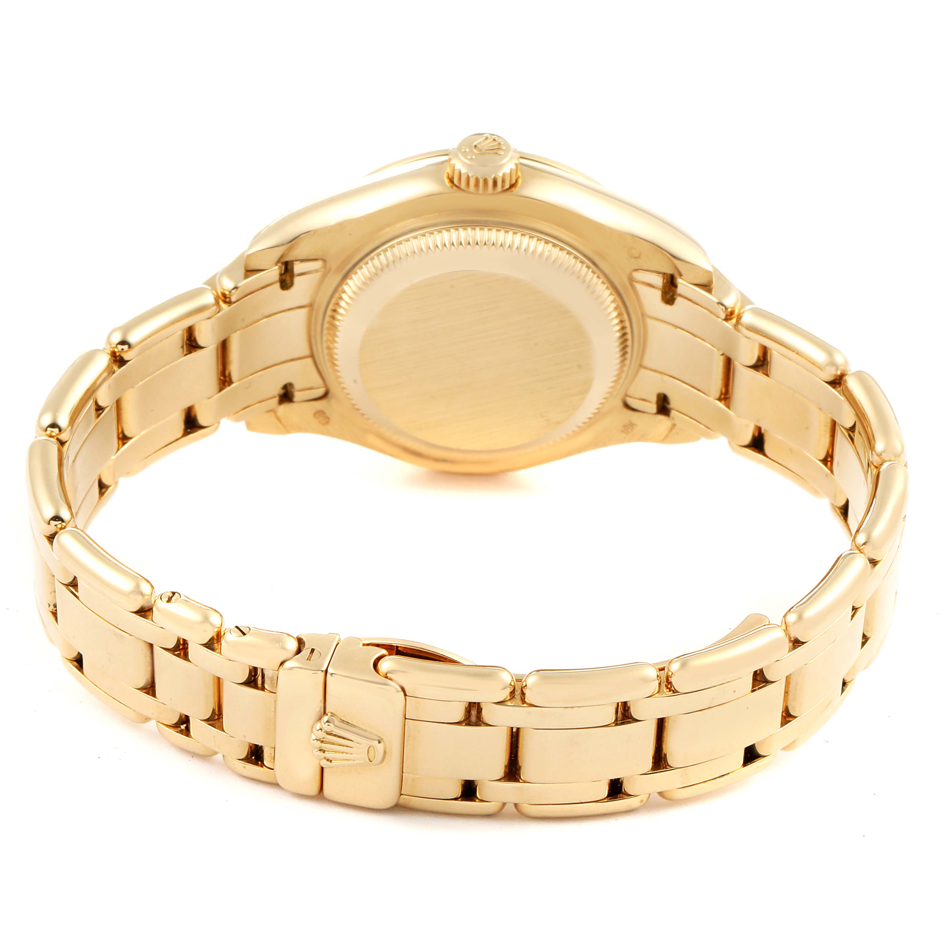 The image shows the back view of the Rolex Pearlmaster 69318 Women's Yellow Gold White Dial 69318 Women's Yellow Gold White Dial watch, highlighting its gold bracelet and clasp.
