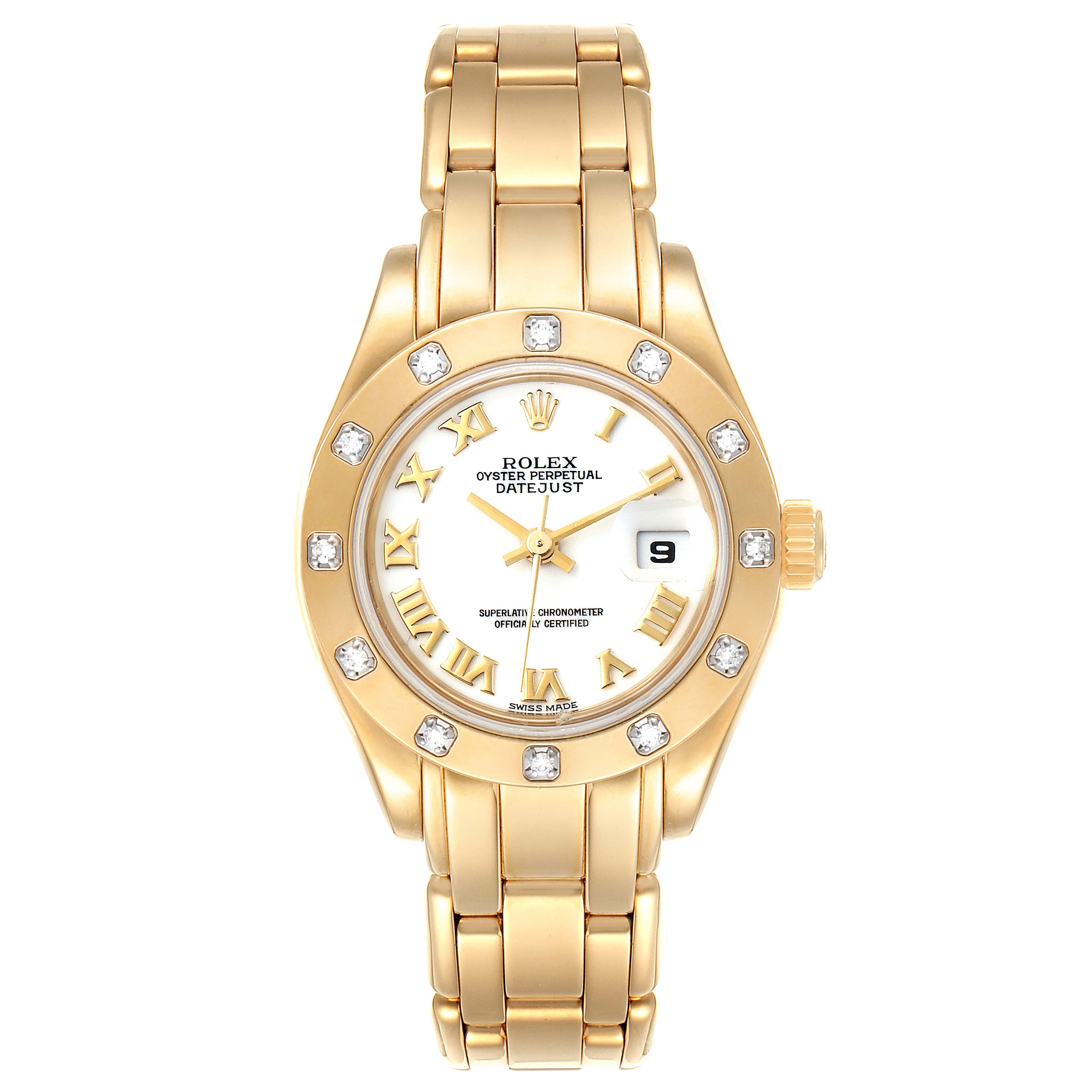This image shows a front view of the Rolex Pearlmaster 69318 Women's Yellow Gold White Dial 69318 Women's Yellow Gold White Dial model watch, highlighting its gold bracelet, diamond-studded bezel, and dial with date display.