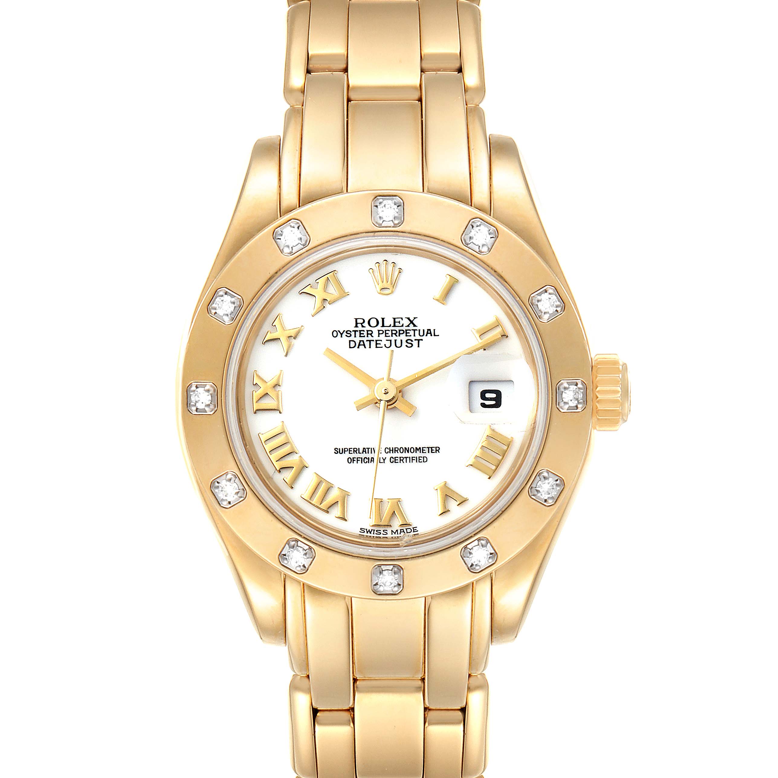 This image shows a front view of the Rolex Pearlmaster 69318 Women's Yellow Gold White Dial 69318 Women's Yellow Gold White Dial watch, highlighting its bezel, dial, bracelet, and crown.