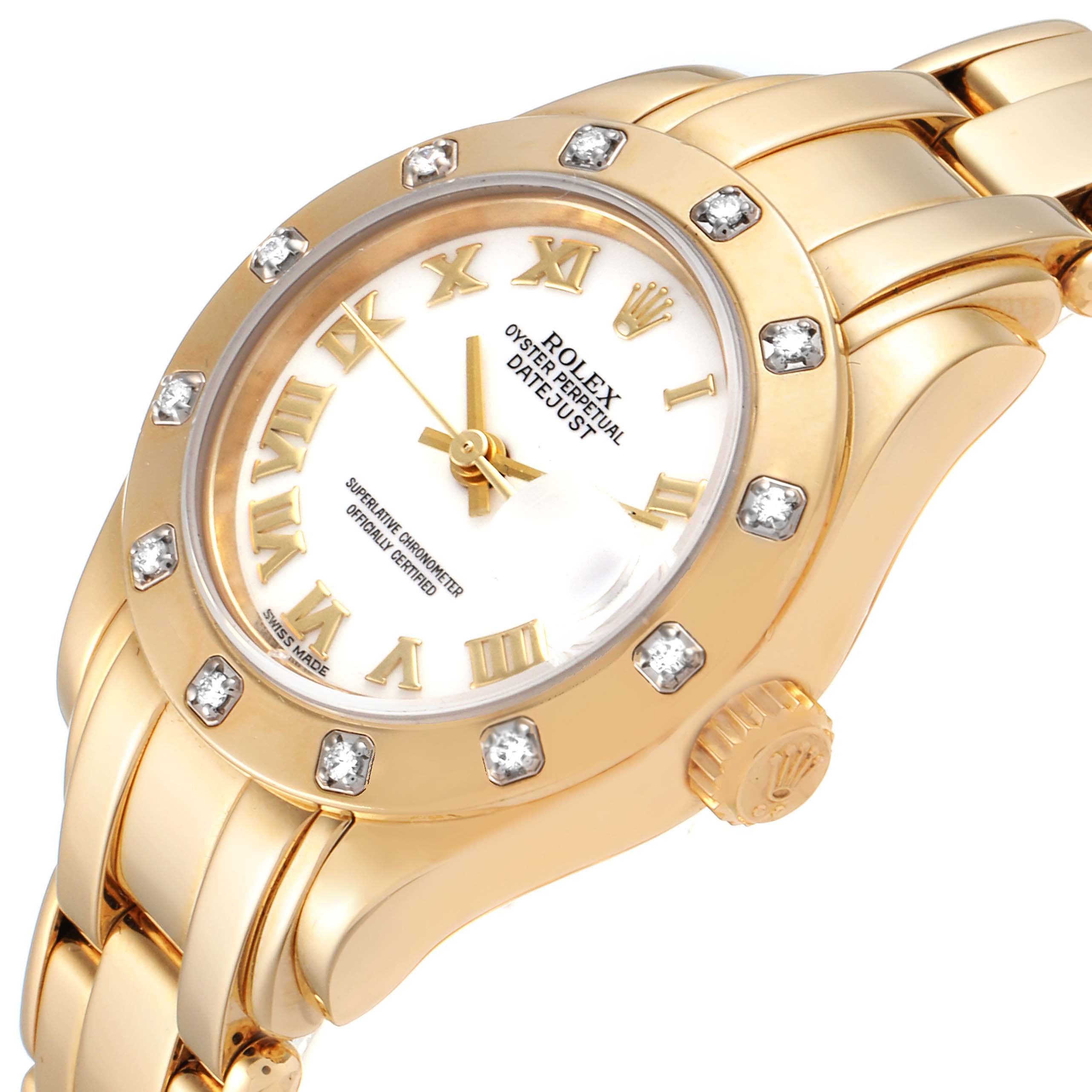 This image shows a Rolex Pearlmaster 69318 Women's Yellow Gold White Dial 69318 Women's Yellow Gold White Dial watch from an angled side view, highlighting the face, bezel, and part of the bracelet.