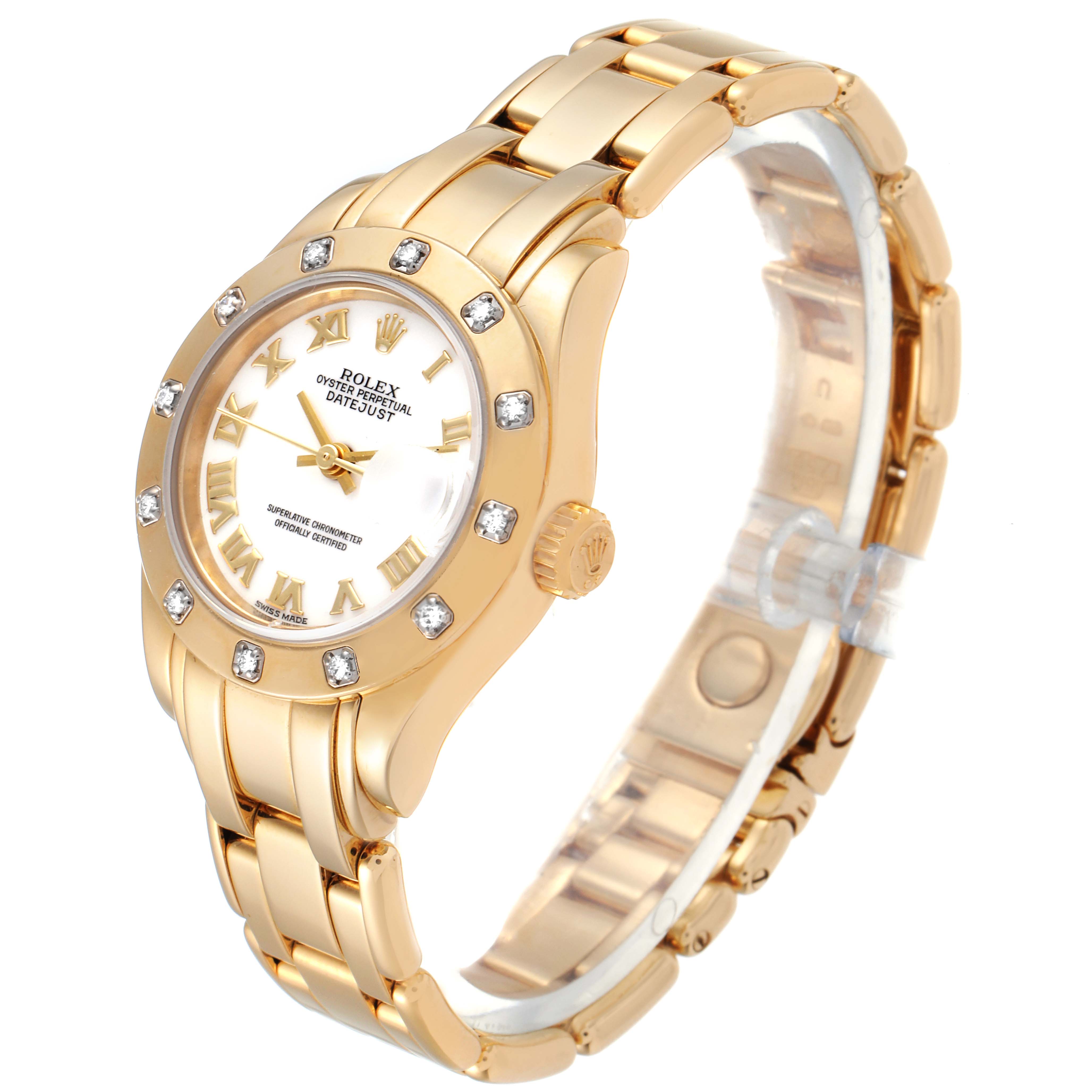 This image shows a side and front view of the Rolex Pearlmaster 69318 Women's Yellow Gold White Dial 69318 Women's Yellow Gold White Dial watch, displaying its gold bracelet and jeweled bezel.