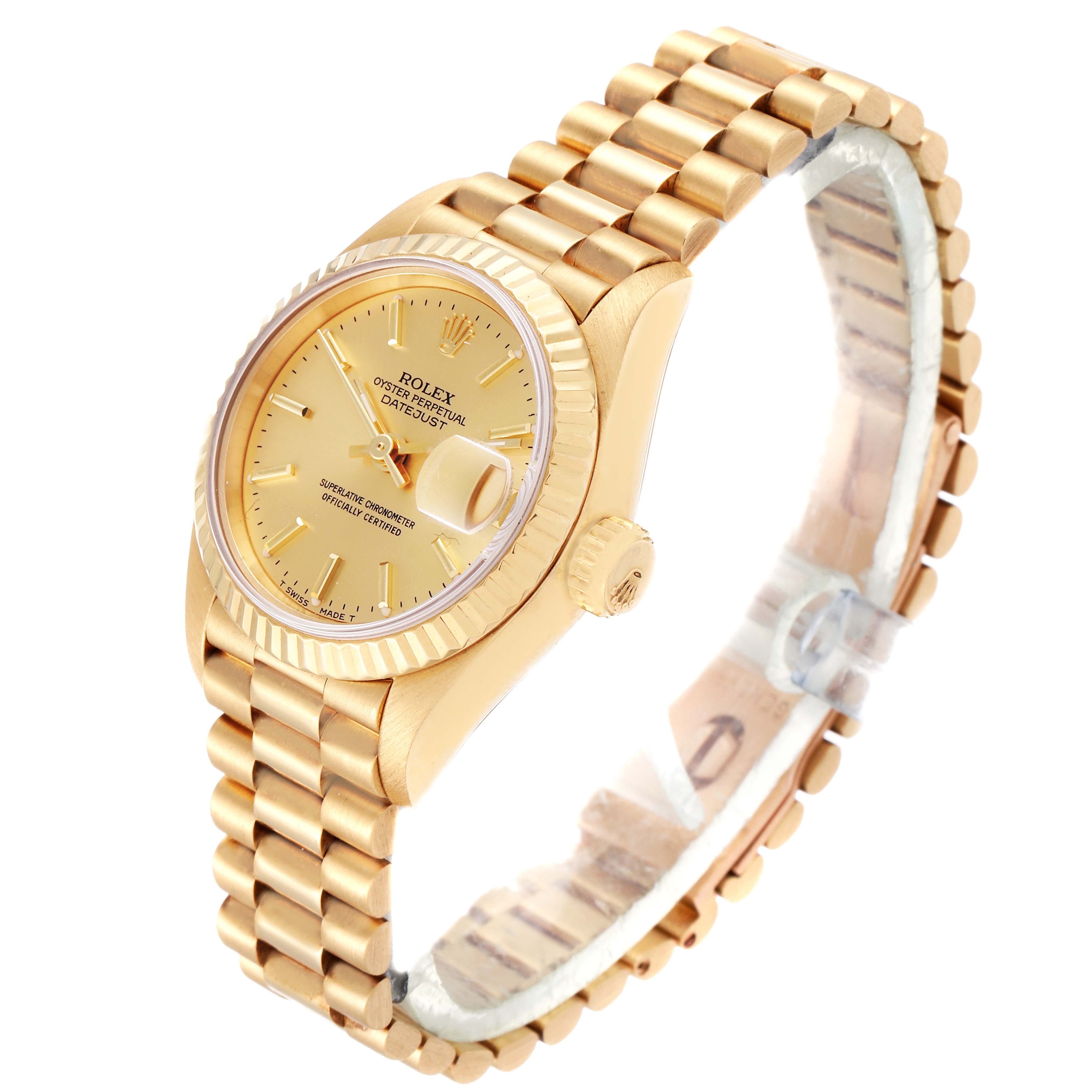 A Rolex President 69178 Women's Yellow Gold Champagne Dial 69178 Women's Yellow Gold Champagne Dial model watch shown at a slight angle, displaying the face, bezel, crown, and part of the bracelet.