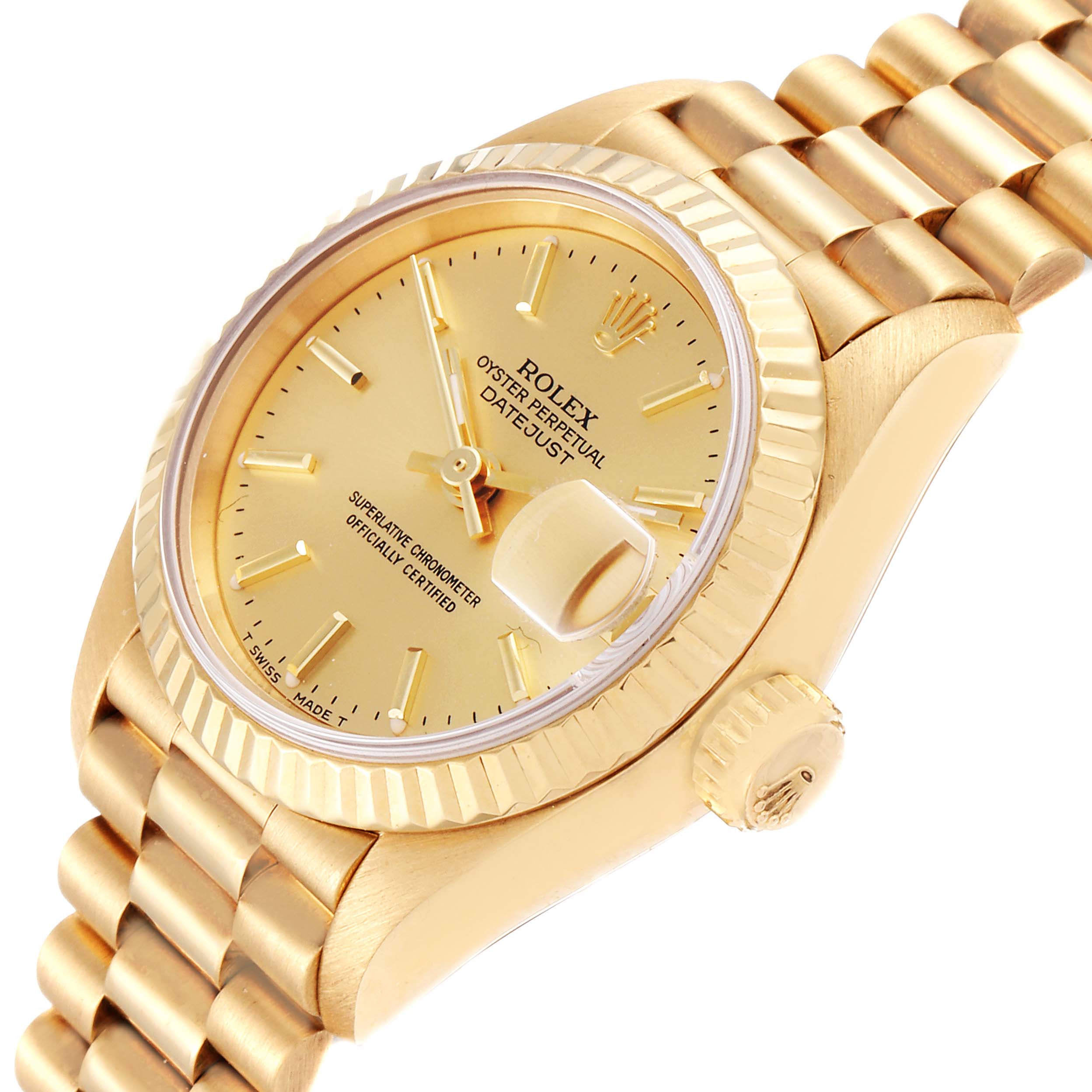 This image shows a side-angle view of the gold Rolex President 69178 Women's Yellow Gold Champagne Dial 69178 Women's Yellow Gold Champagne Dial watch, highlighting its dial, bezel, crown, and bracelet.
