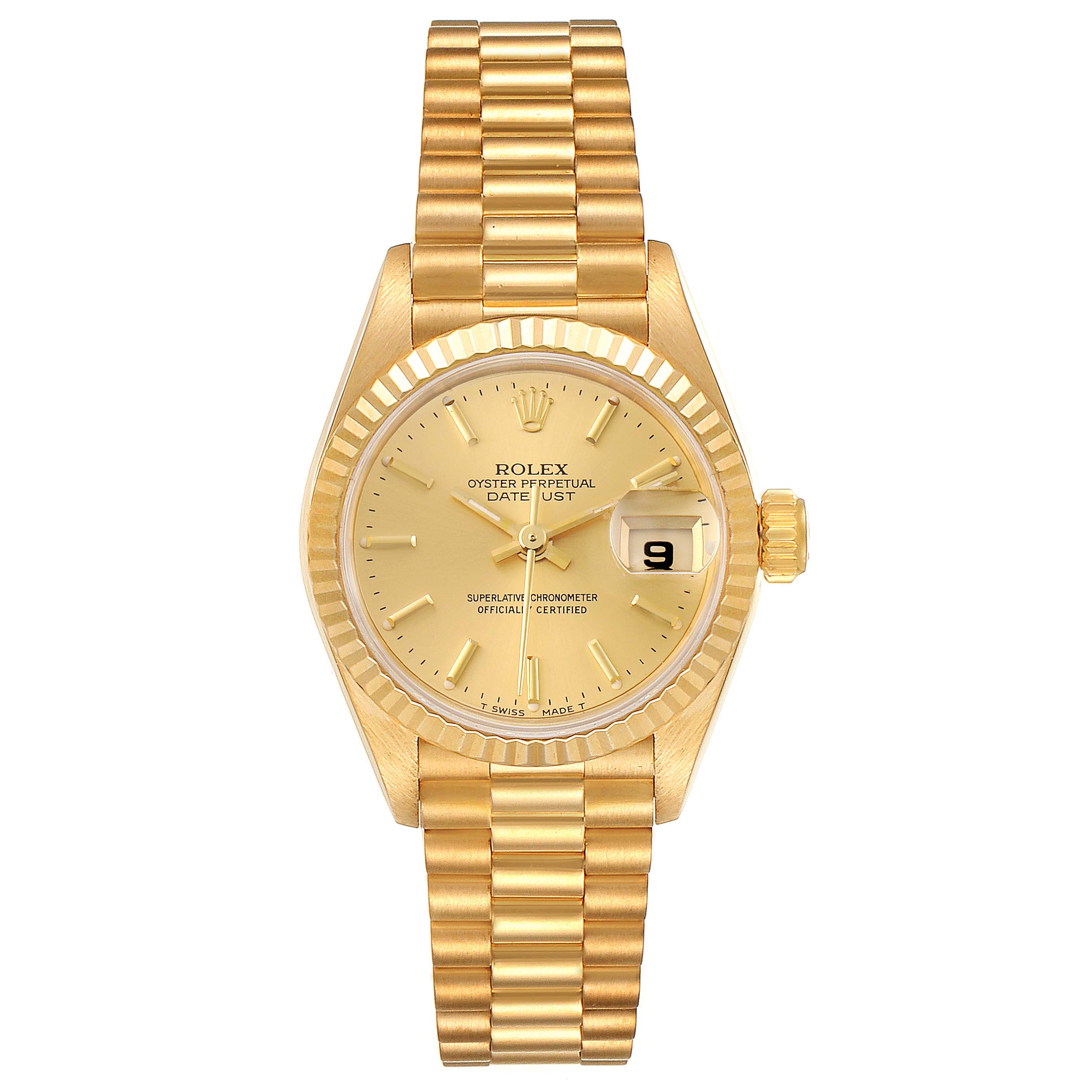 The image shows a front view of a Rolex President 69178 Women's Yellow Gold Champagne Dial 69178 Women's Yellow Gold Champagne Dial model watch, highlighting its golden dial, fluted bezel, and bracelet.