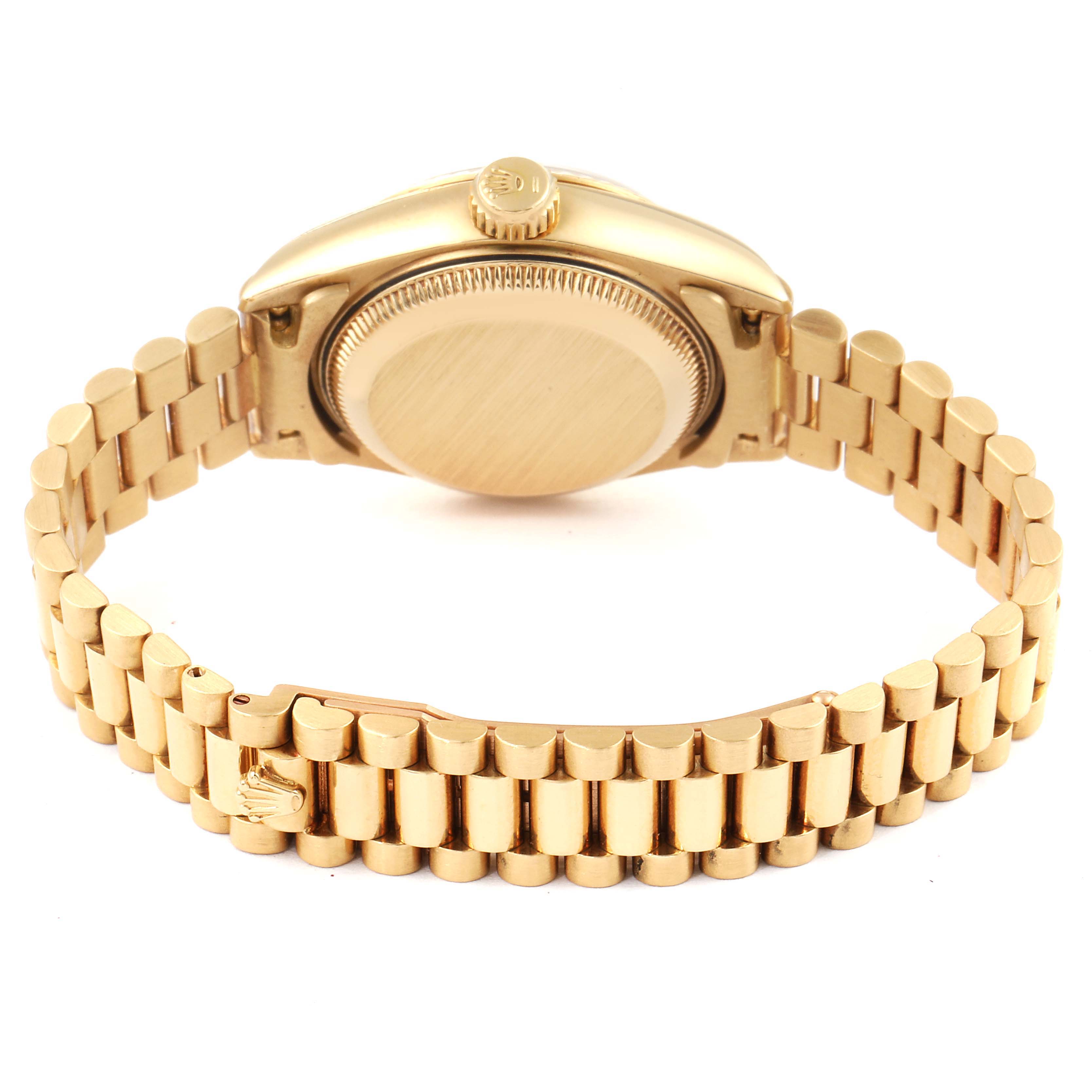 This image shows the back view of the Rolex President 69178 Women's Yellow Gold Champagne Dial 69178 Women's Yellow Gold Champagne Dial model watch, highlighting the case back and bracelet.