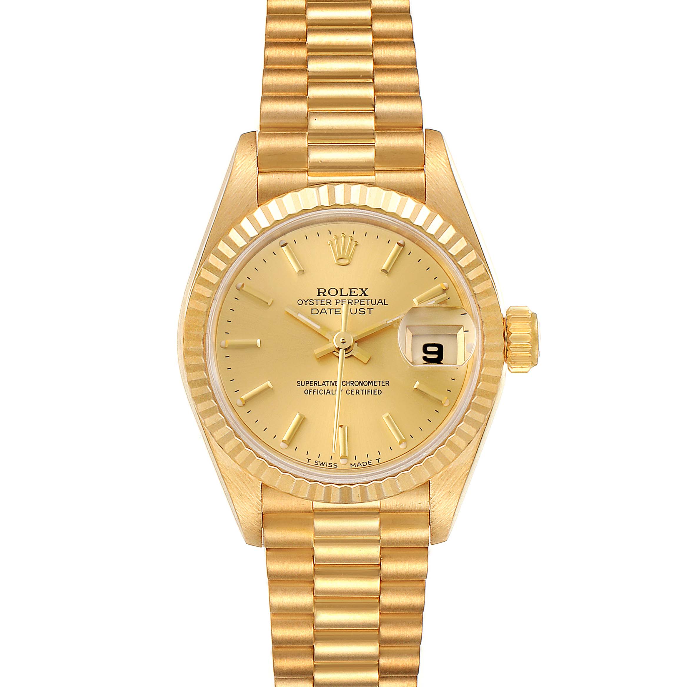 This image shows a front view of the Rolex President 69178 Women's Yellow Gold Champagne Dial 69178 Women's Yellow Gold Champagne Dial model watch, highlighting its gold dial, date window, and bracelet.