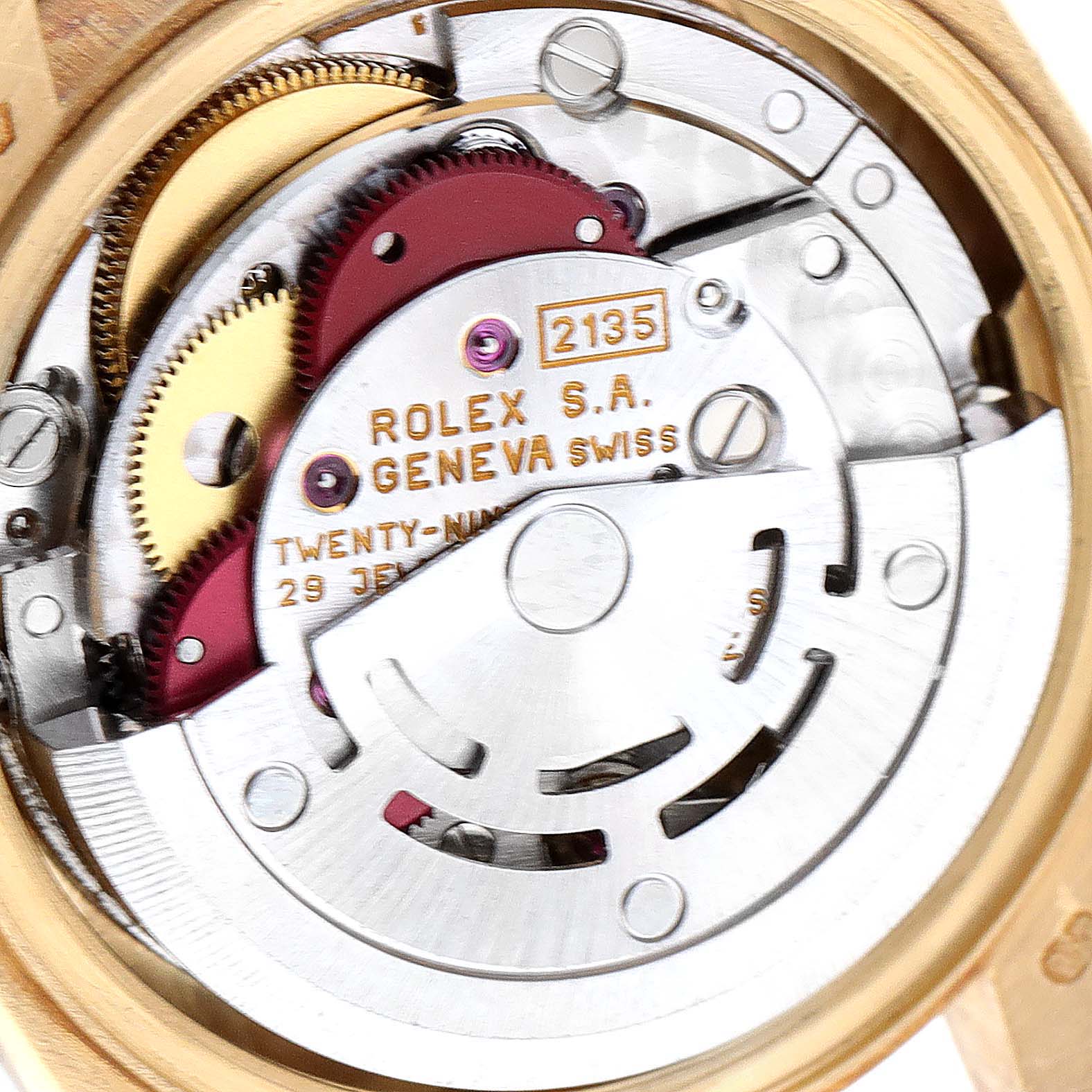 This close-up image shows the internal mechanical movement of a Rolex President 69178 Women's Yellow Gold Champagne Dial 69178 Women's Yellow Gold Champagne Dial model watch.