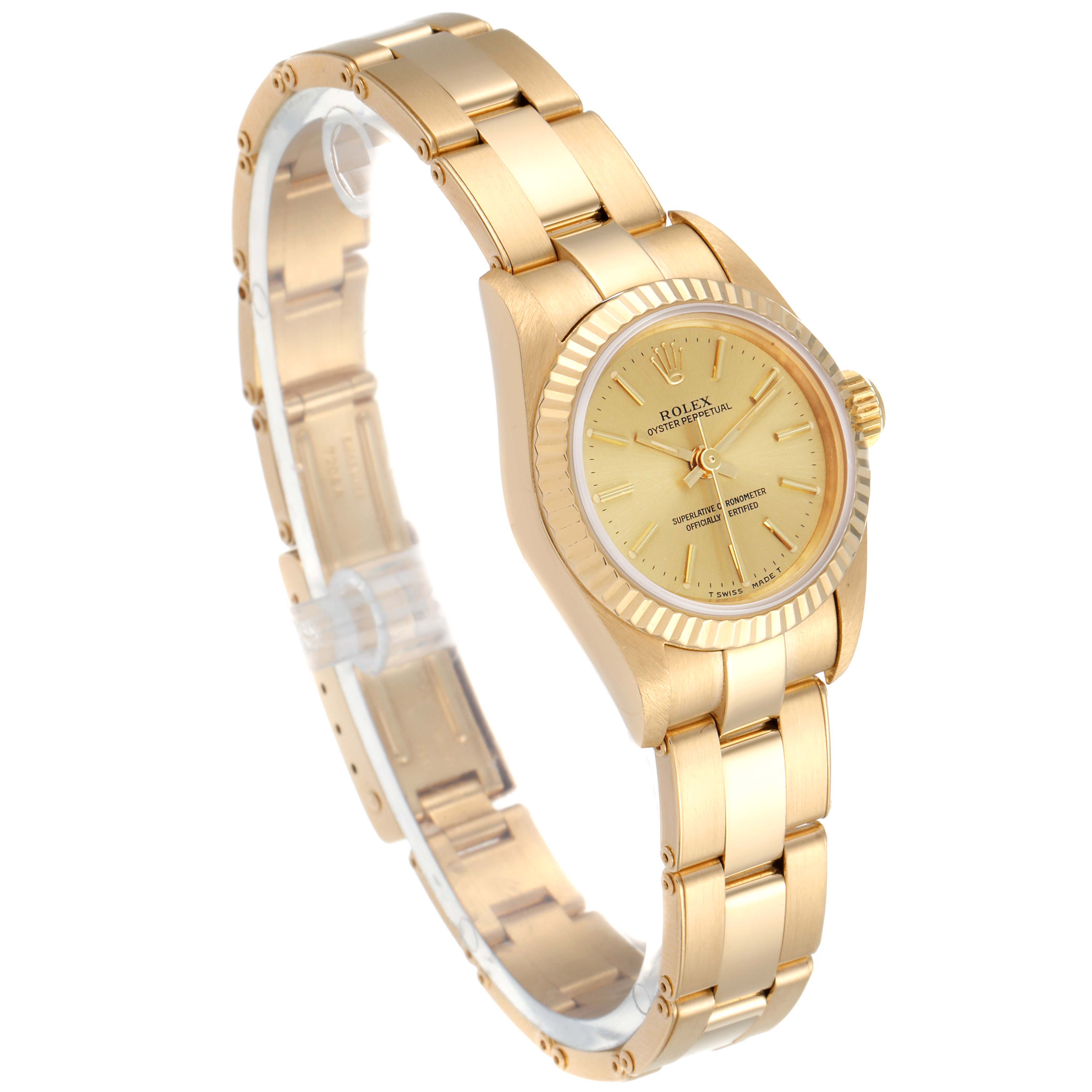 This image shows a side-angle view of the Rolex President 67198 Women
s Yellow Gold Champagne Dial 67198 Women
s Yellow Gold Champagne Dial watch, highlighting the bracelet, dial, and case.