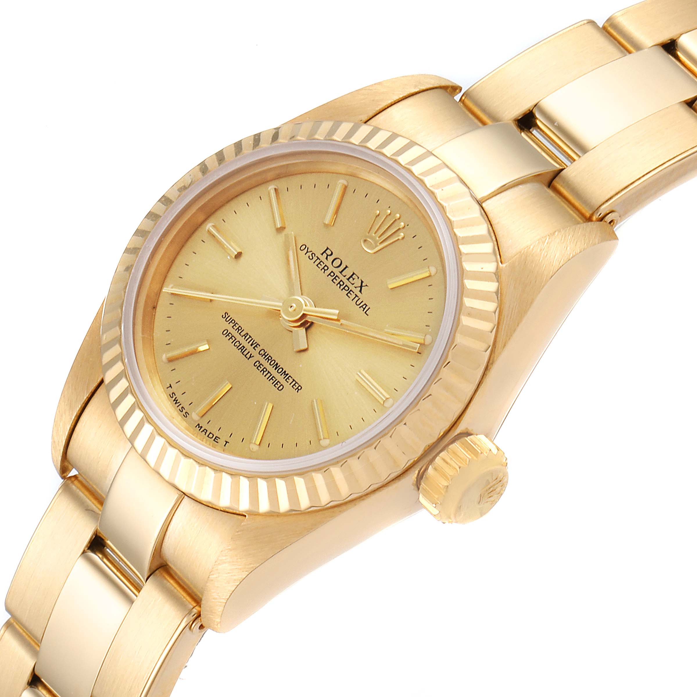 The image shows a close-up view of the Rolex President 67198 Women
s Yellow Gold Champagne Dial 67198 Women
s Yellow Gold Champagne Dial model watch, highlighting the dial, bezel, crown, and part of the bracelet.