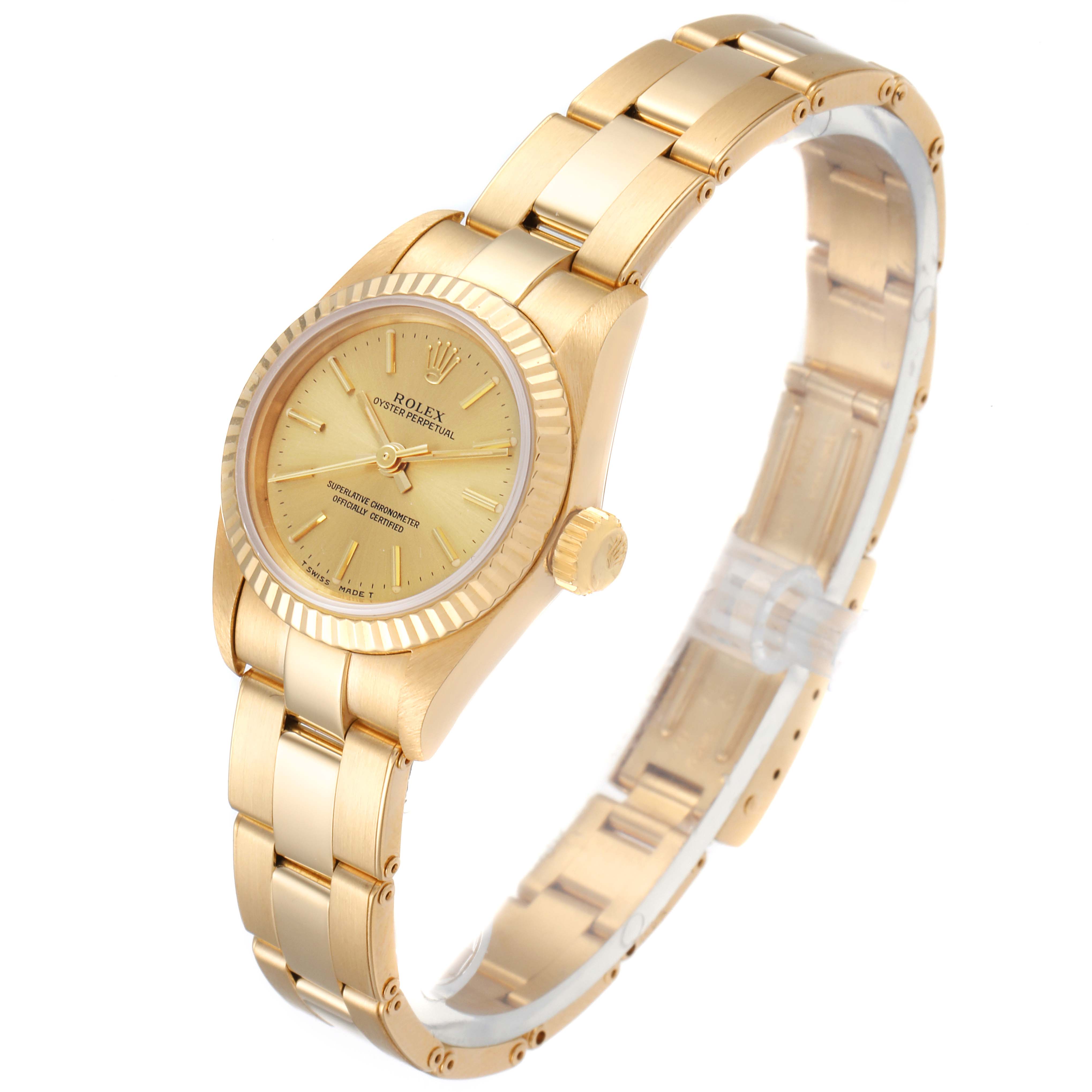 This image shows a side angle view of the Rolex President 67198 Women
s Yellow Gold Champagne Dial 67198 Women
s Yellow Gold Champagne Dial watch, highlighting its gold case, dial, and bracelet.