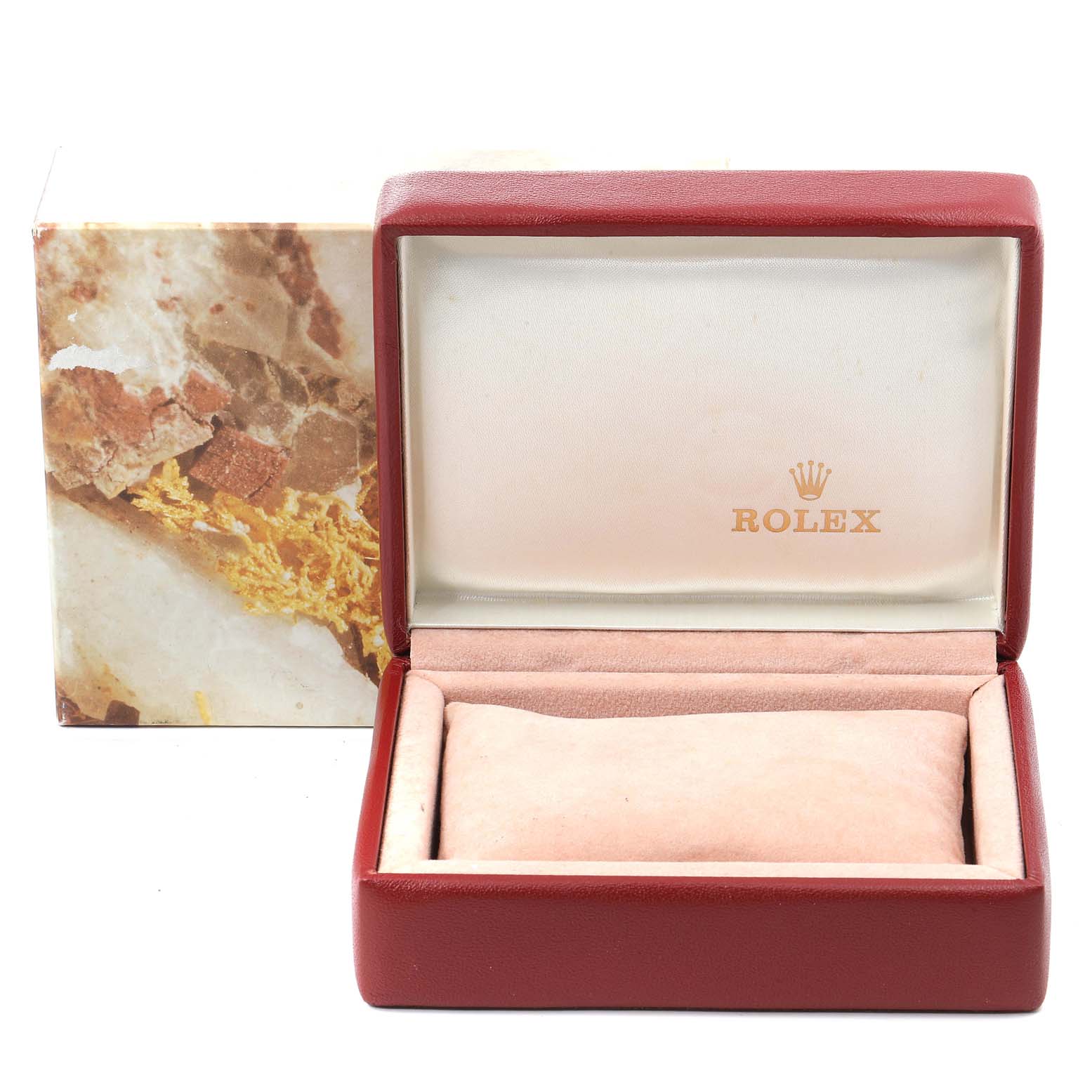 The image shows an open Rolex watch box with a cushion, intended for the Rolex President 67198 Women
s Yellow Gold Champagne Dial 67198 Women
s Yellow Gold Champagne Dial model.