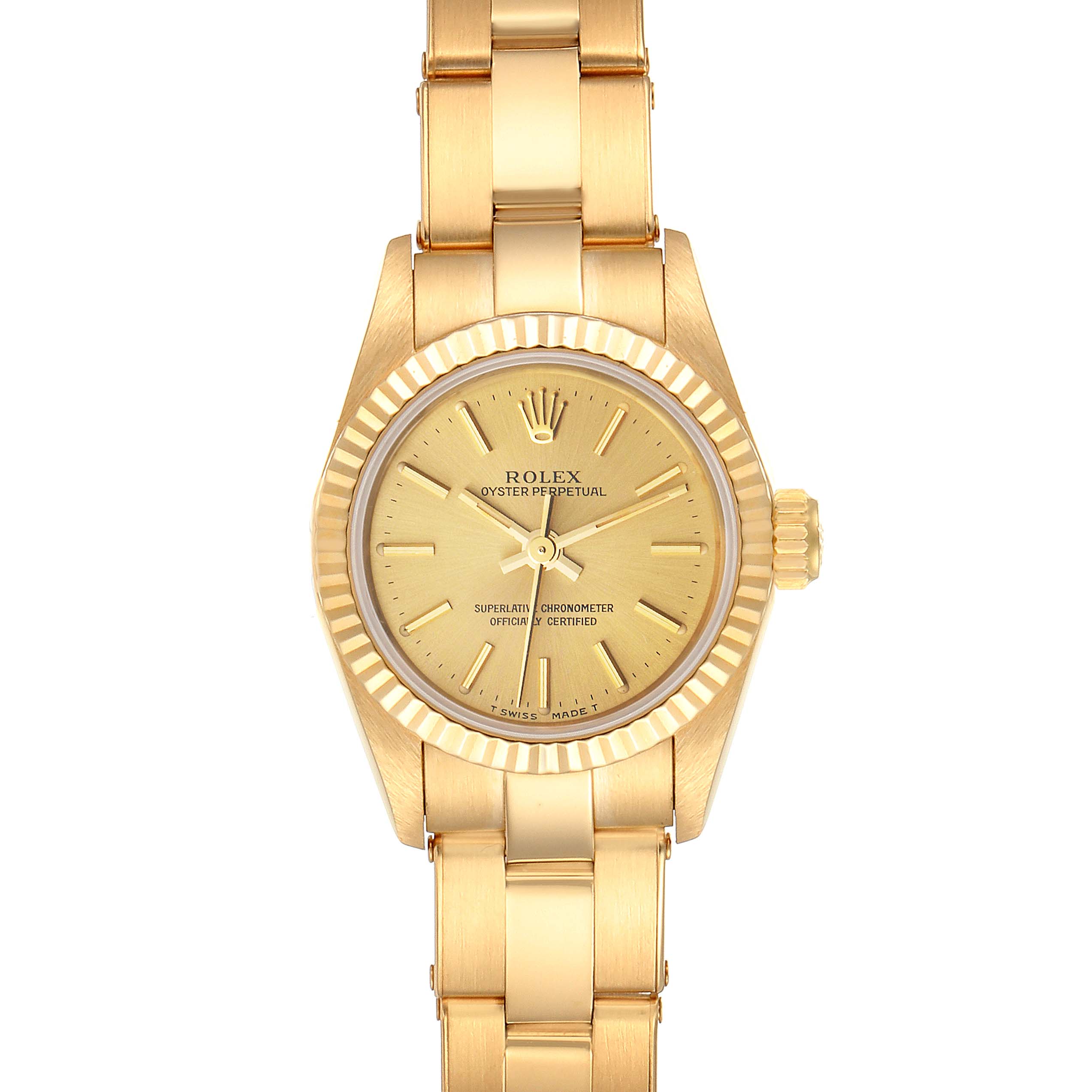 The image shows a front view of a Rolex President 67198 Women
s Yellow Gold Champagne Dial 67198 Women
s Yellow Gold Champagne Dial model watch, displaying its dial, bezel, and bracelet.