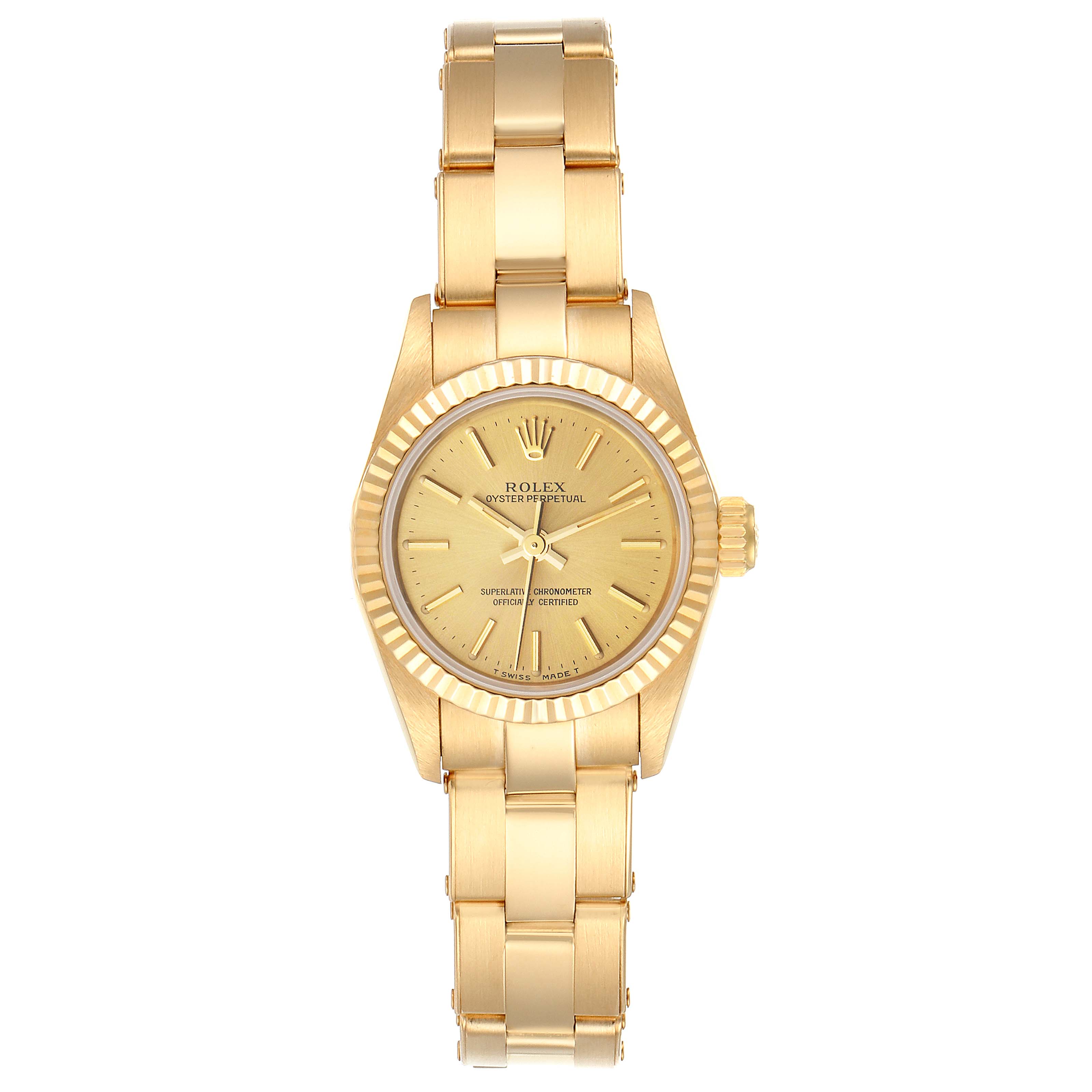 The image shows a Rolex President 67198 Women
s Yellow Gold Champagne Dial 67198 Women
s Yellow Gold Champagne Dial model watch from a front angle, highlighting the dial, bezel, and bracelet.
