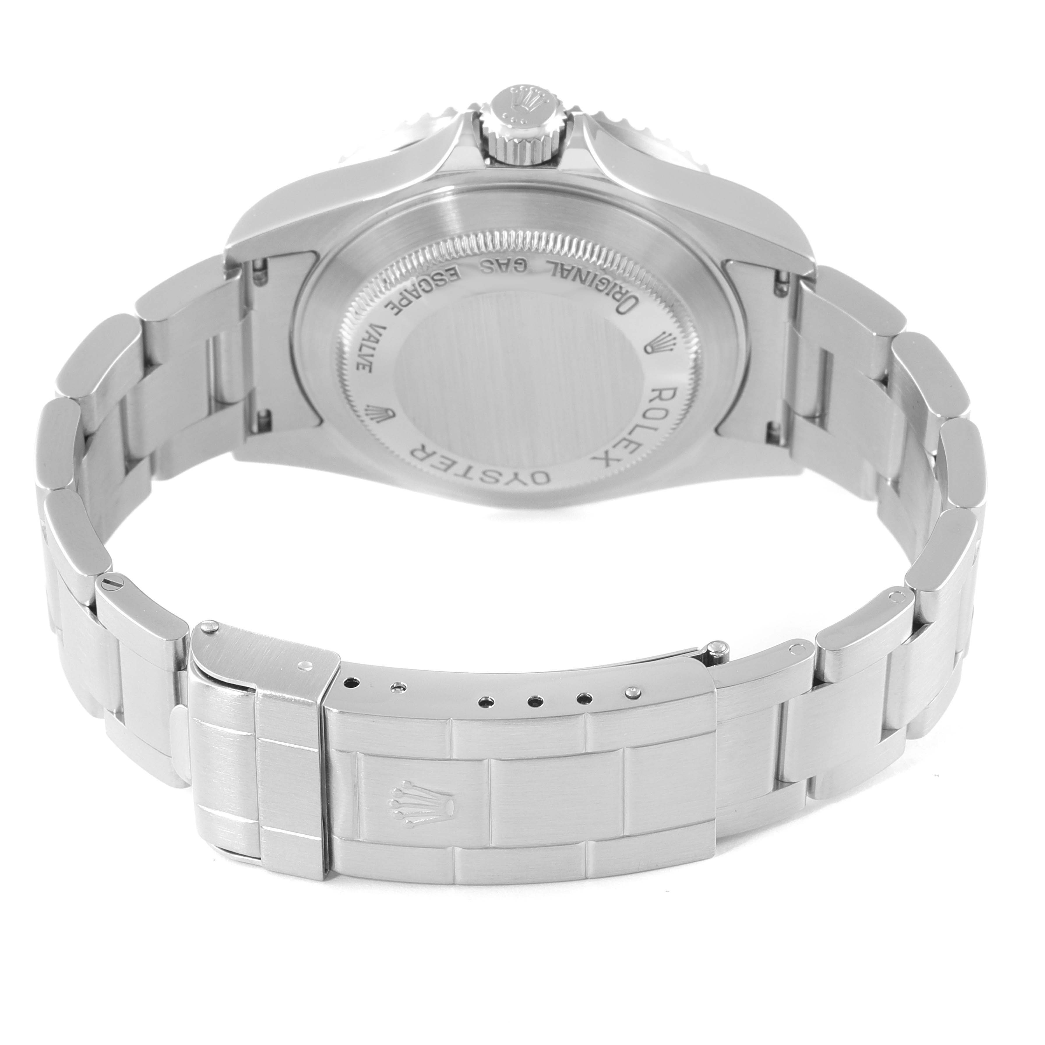 The image shows the back view of a Rolex Sea-Dweller 16600 Men
s Stainless Steel Black Dial 16600 Men
s Stainless Steel Black Dial watch, highlighting the case back, bracelet, and clasp.