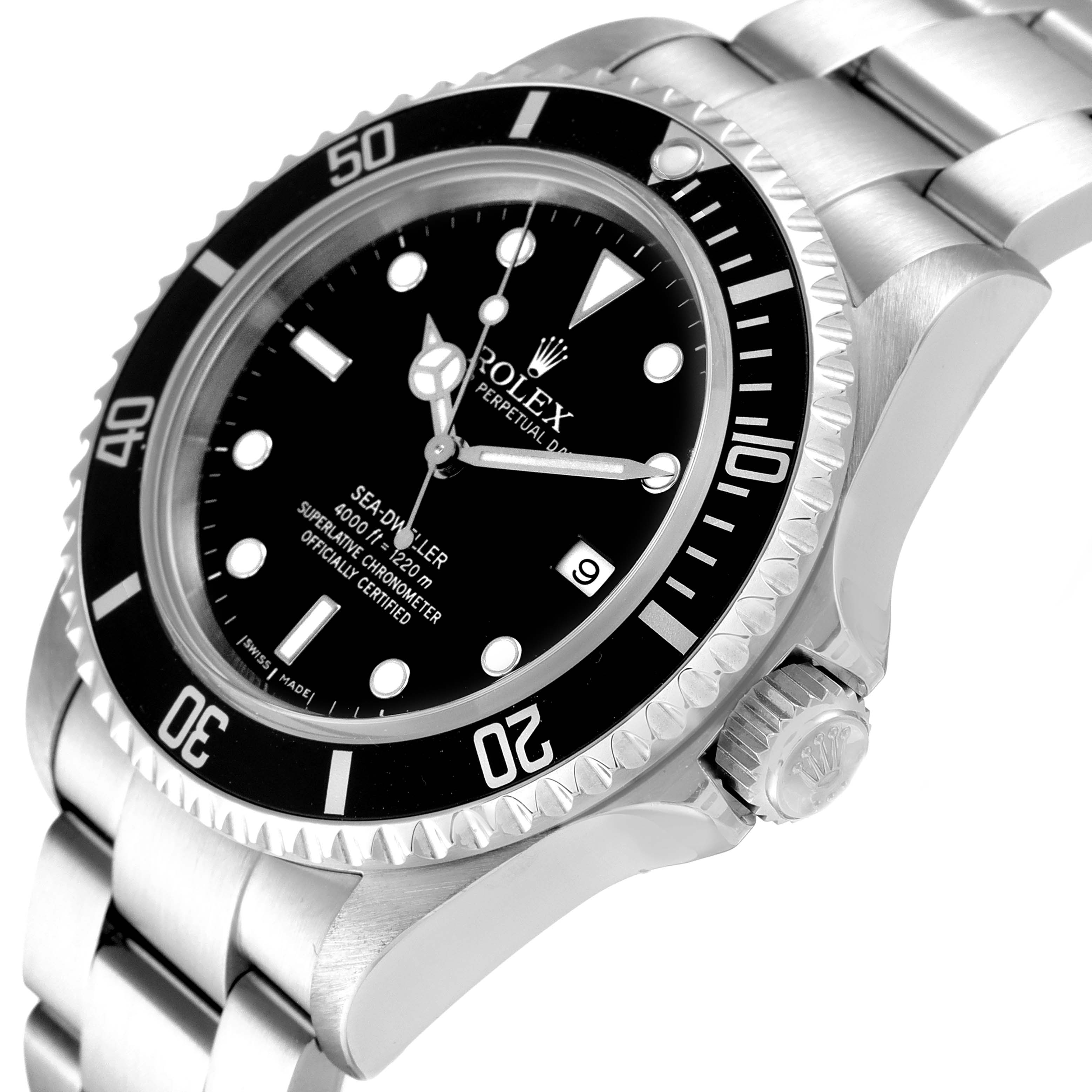 This image shows a close-up angled view of the face, bezel, and part of the bracelet of a Rolex Sea-Dweller 16600 Men
s Stainless Steel Black Dial 16600 Men
s Stainless Steel Black Dial watch.