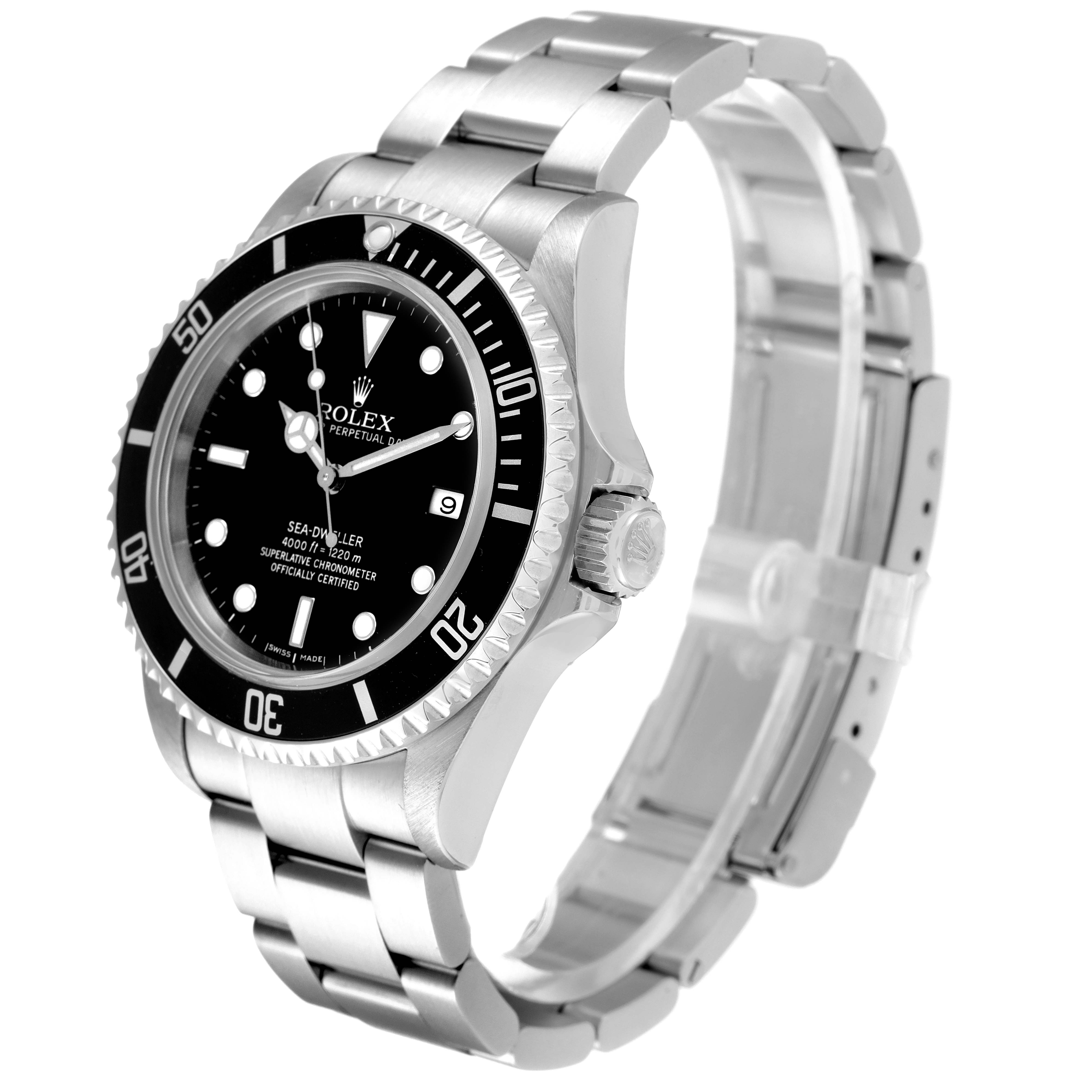 The image shows a Rolex Sea-Dweller 16600 Men
s Stainless Steel Black Dial 16600 Men
s Stainless Steel Black Dial watch in a three-quarter angle, highlighting its black dial, bezel, and stainless steel bracelet.