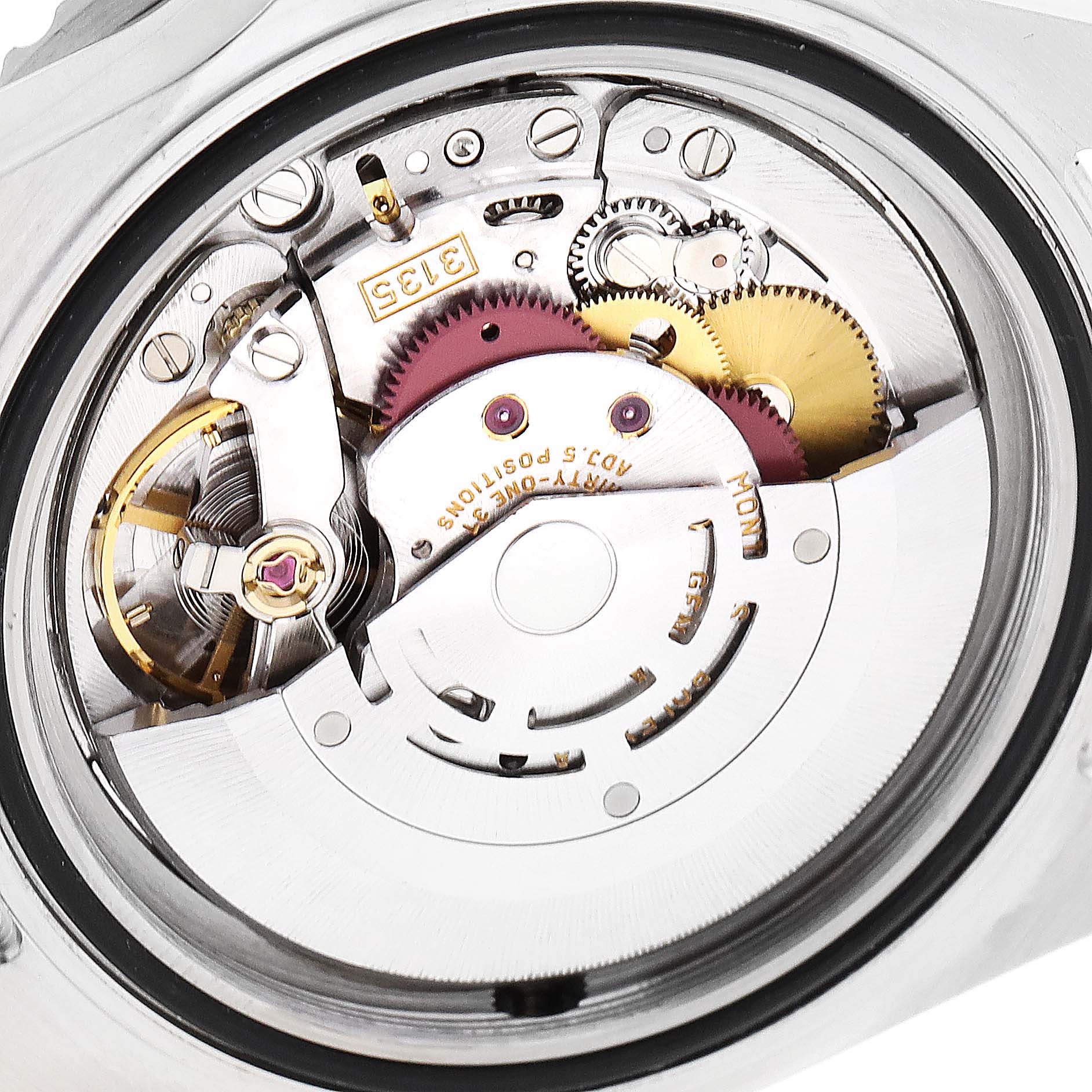 This image shows a close-up view of the movement mechanism inside a Rolex Sea-Dweller 16600 Men
s Stainless Steel Black Dial 16600 Men
s Stainless Steel Black Dial watch.