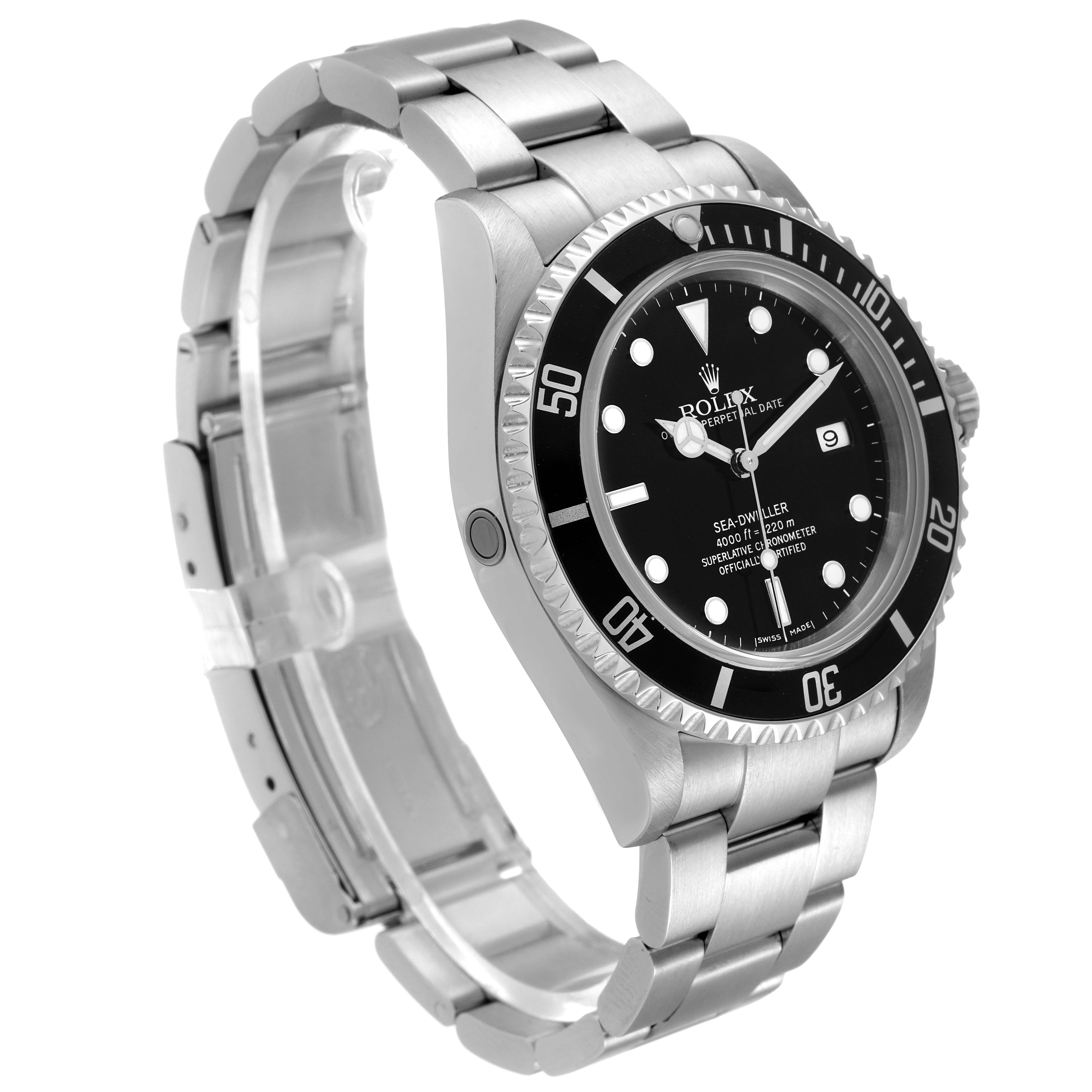 The image shows the Rolex Sea-Dweller 16600 Men
s Stainless Steel Black Dial 16600 Men
s Stainless Steel Black Dial watch at an angled view, highlighting the dial, bezel, and stainless steel bracelet.