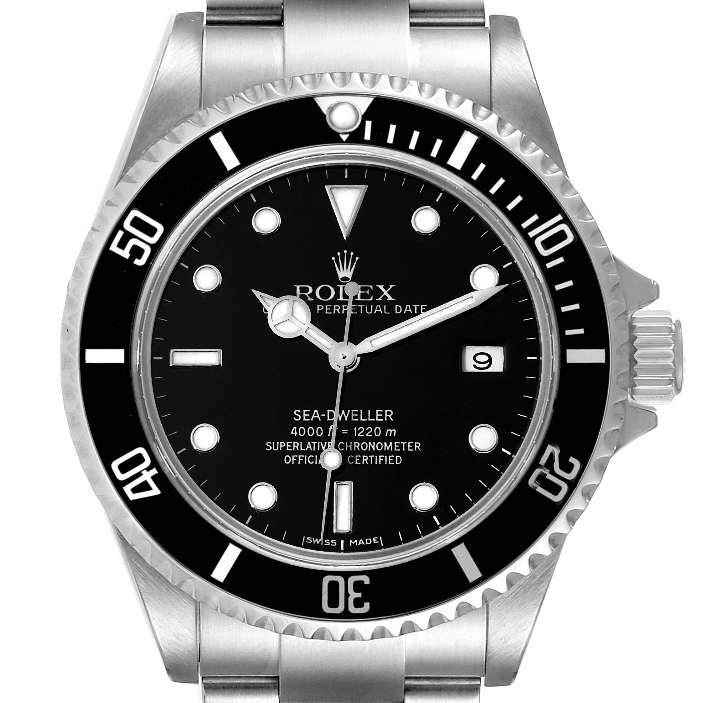 This image shows a front view of a Rolex Sea-Dweller 16600 Men
s Stainless Steel Black Dial 16600 Men
s Stainless Steel Black Dial watch, highlighting the dial, bezel, and part of the bracelet.