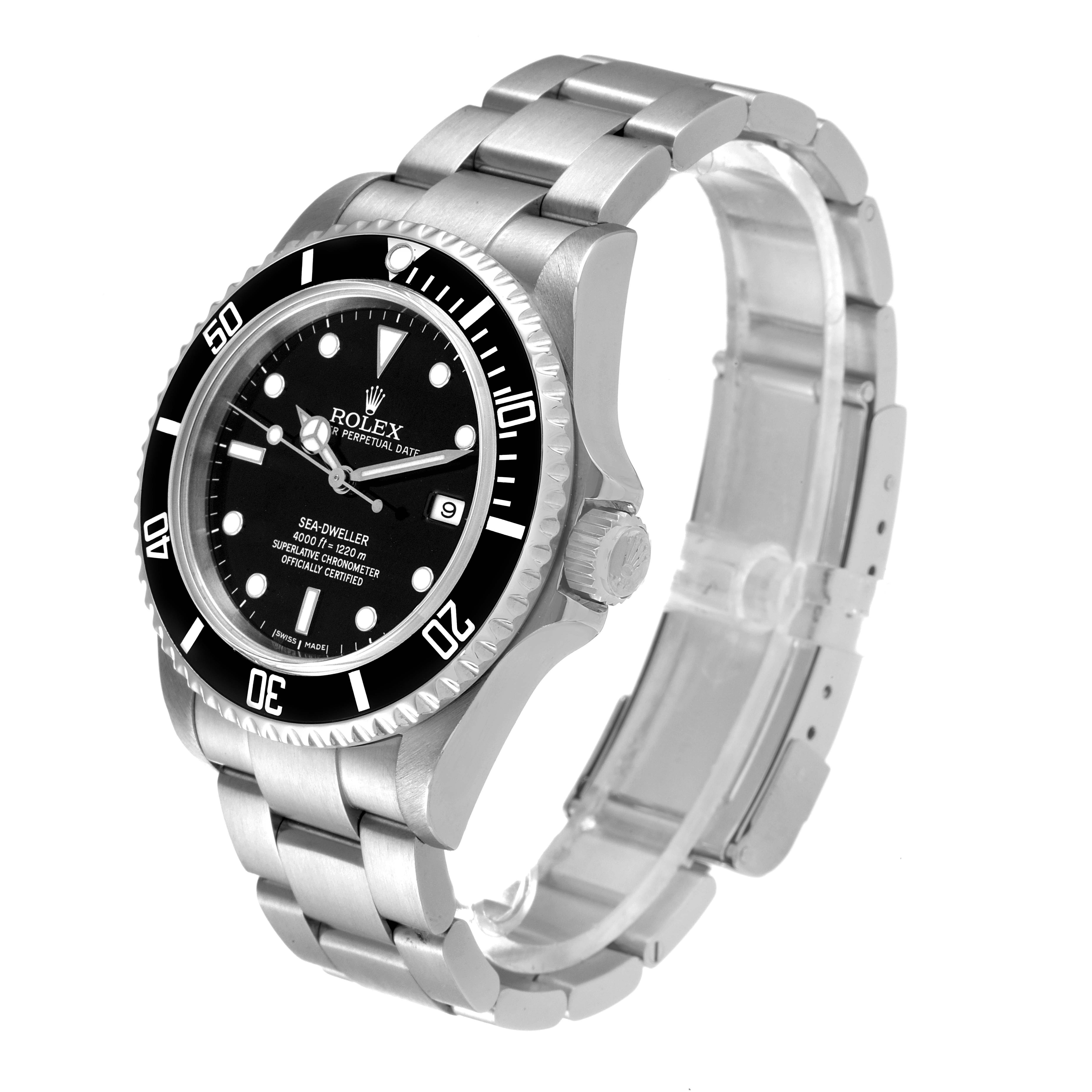The image shows a Rolex Sea-Dweller 16600 Men
s Stainless Steel Black Dial 16600 Men
s Stainless Steel Black Dial watch at a three-quarter angle, highlighting the face, bezel, and bracelet.