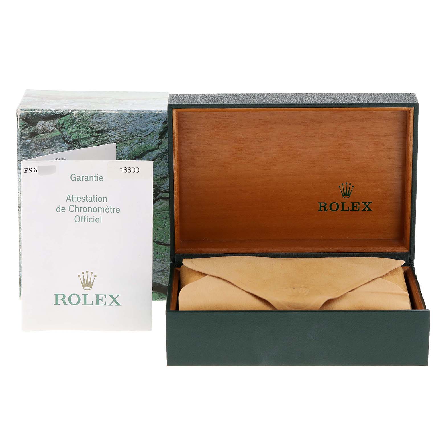 This image shows the Rolex Sea-Dweller 16600 Men
s Stainless Steel Black Dial 16600 Men
s Stainless Steel Black Dial watch box, cover, and warranty card.