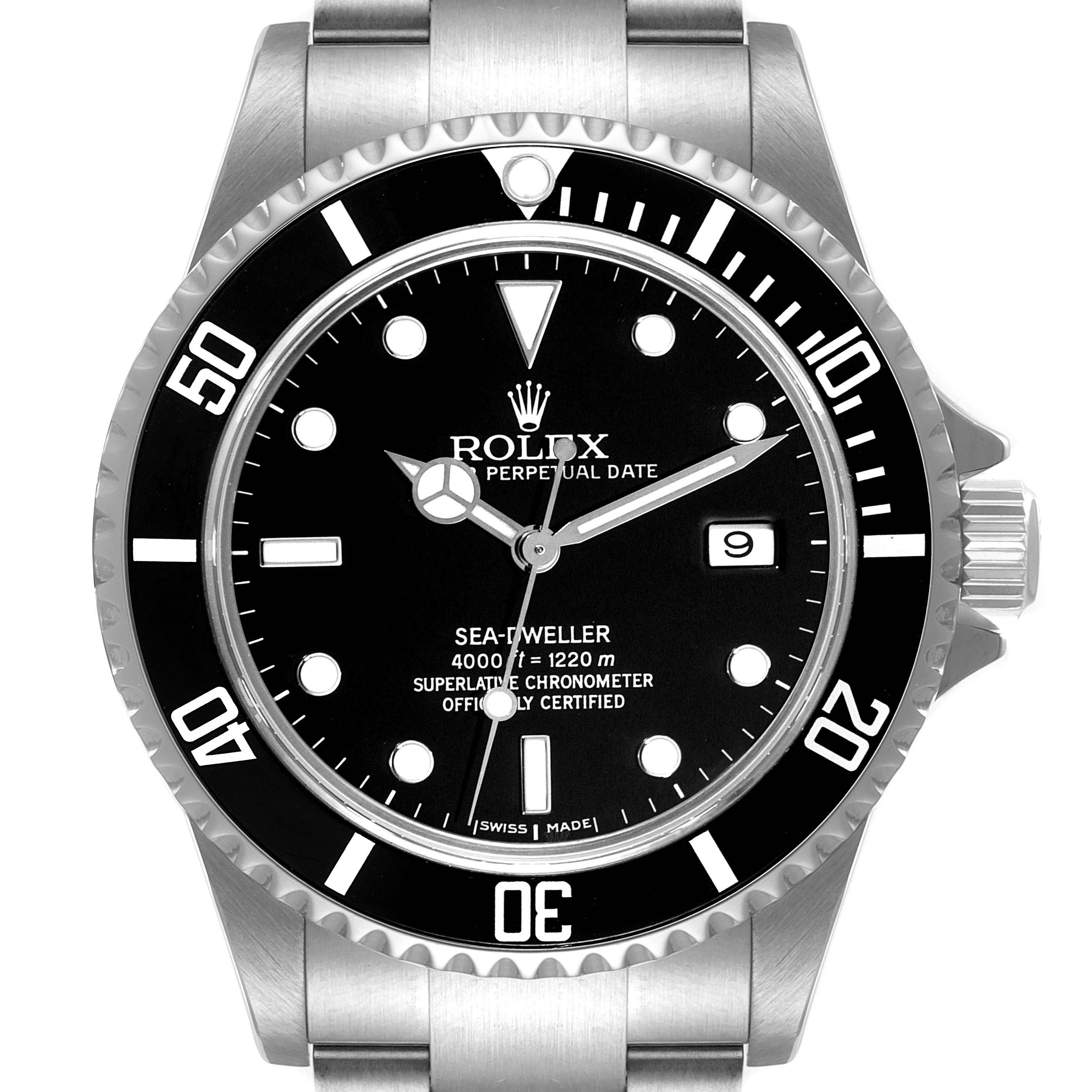 The image shows a front view of the Rolex Sea-Dweller 16600 Men
s Stainless Steel Black Dial 16600 Men
s Stainless Steel Black Dial watch, highlighting the dial, bezel, and crown.