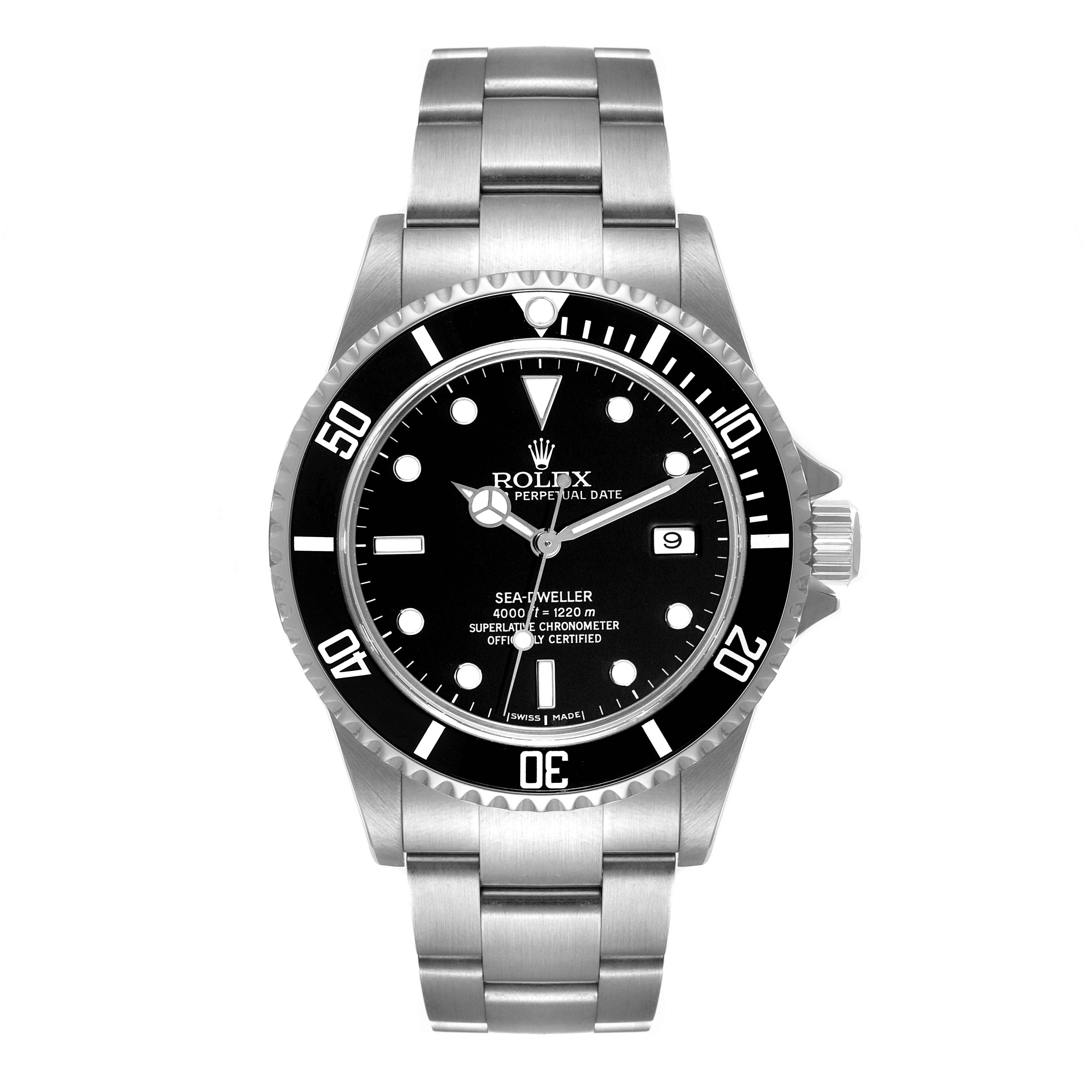 The image shows a front view of a Rolex Sea-Dweller 16600 Men
s Stainless Steel Black Dial 16600 Men
s Stainless Steel Black Dial watch, showcasing its dial, bezel, bracelet, and crown.