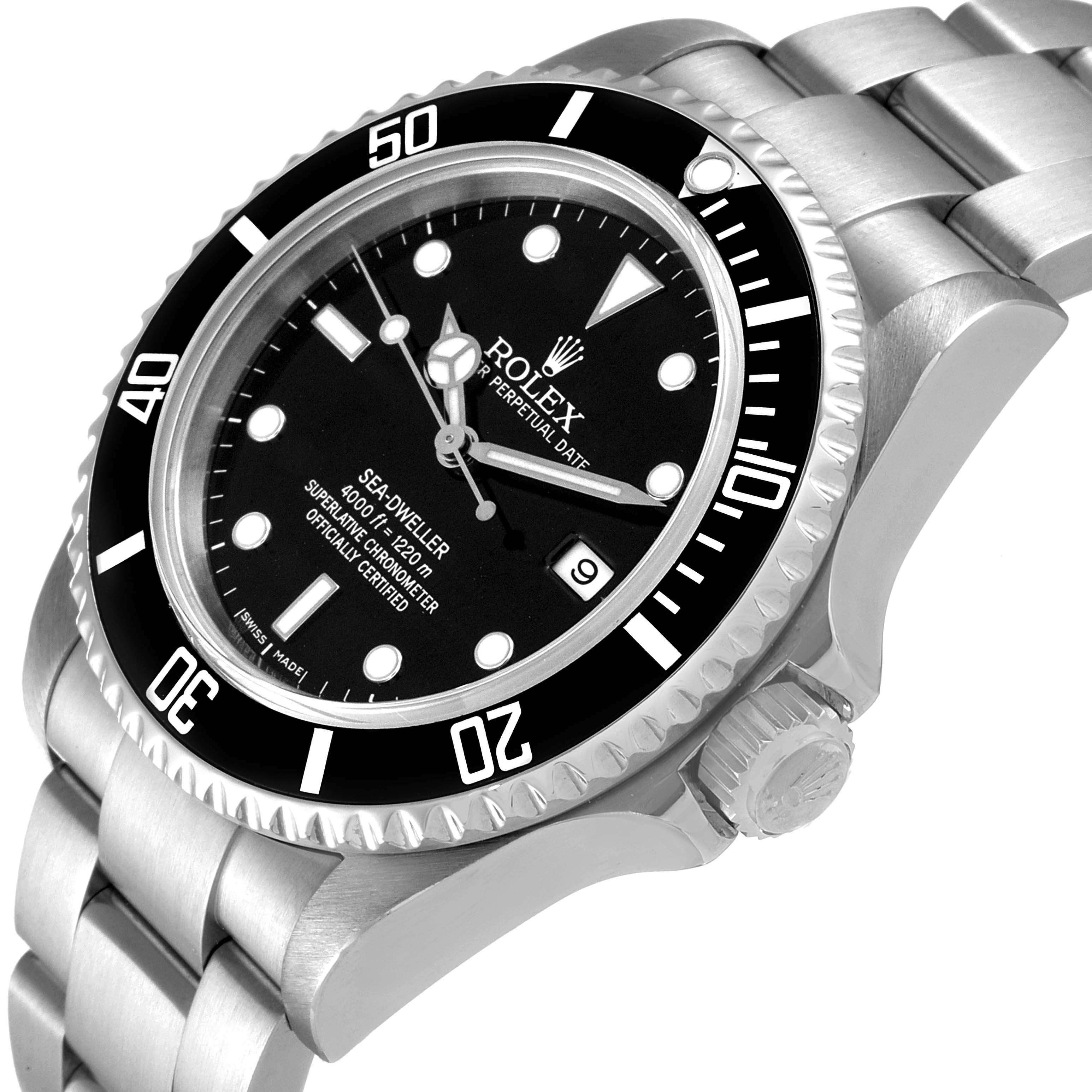 The image shows a close-up angled view of the Rolex Sea-Dweller 16600 Men
s Stainless Steel Black Dial 16600 Men
s Stainless Steel Black Dial watch, displaying the bezel, crown, and part of the bracelet.